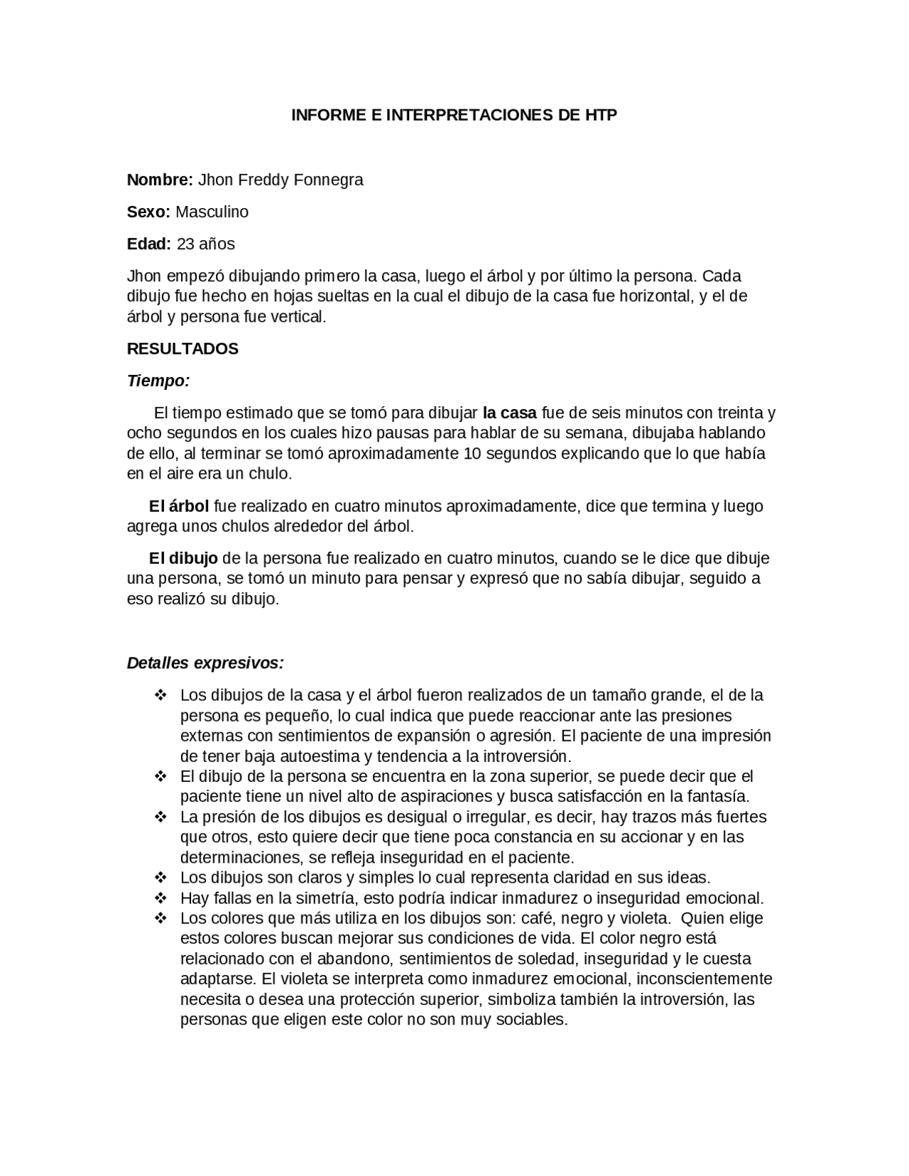 Informe Htp Informe del test htp | Resúmenes de Medicina | Docsity