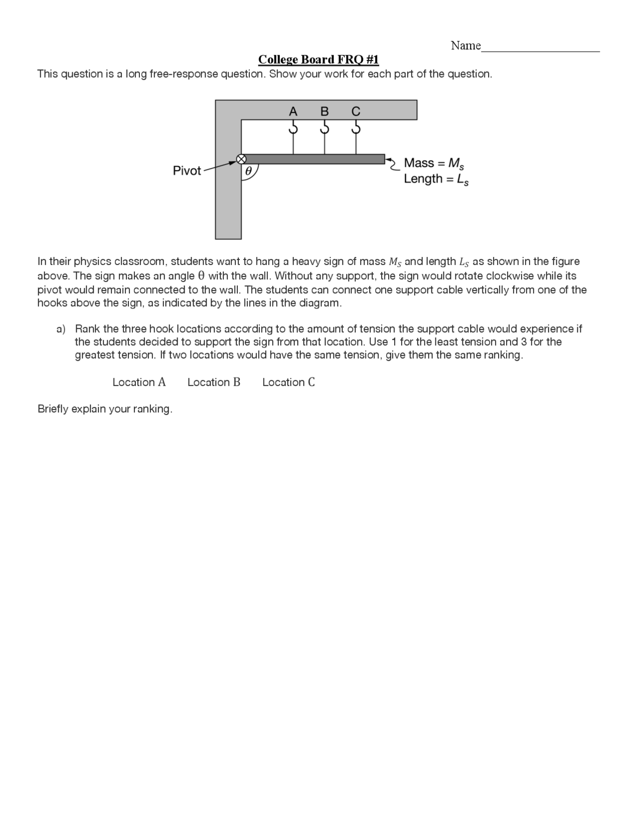 AP Physics FRQ for american students Exercises Physics Docsity