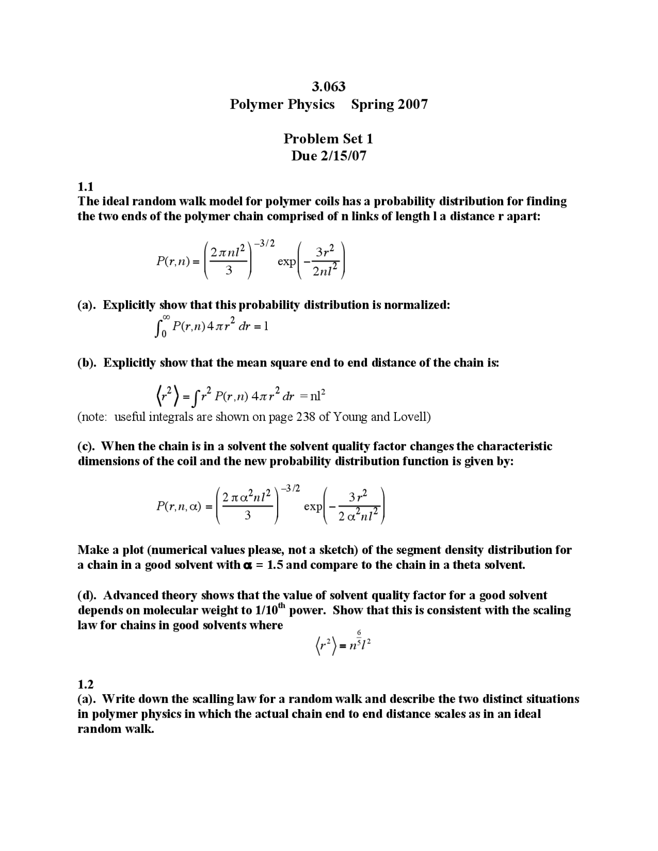 Polymer Physics problem set - Spring 2007 | Exercises Materials Physics ...