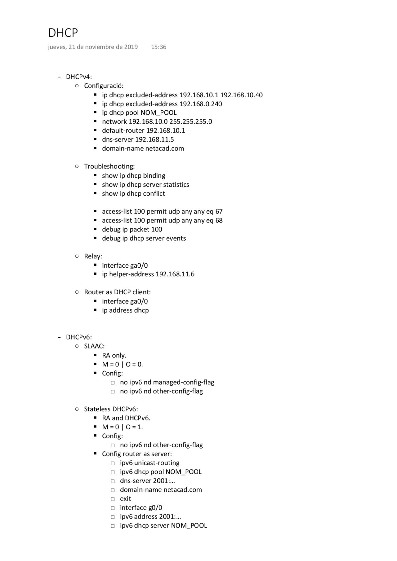 DHCP cheat sheet for CISCO routers - Docsity