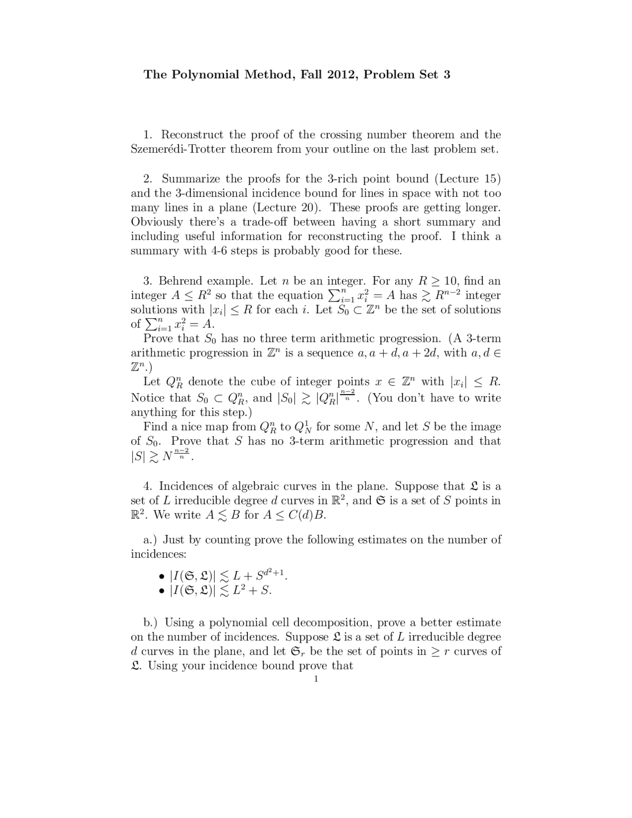 The Polynomial Method Problem Set 3: Five Questions - Docsity
