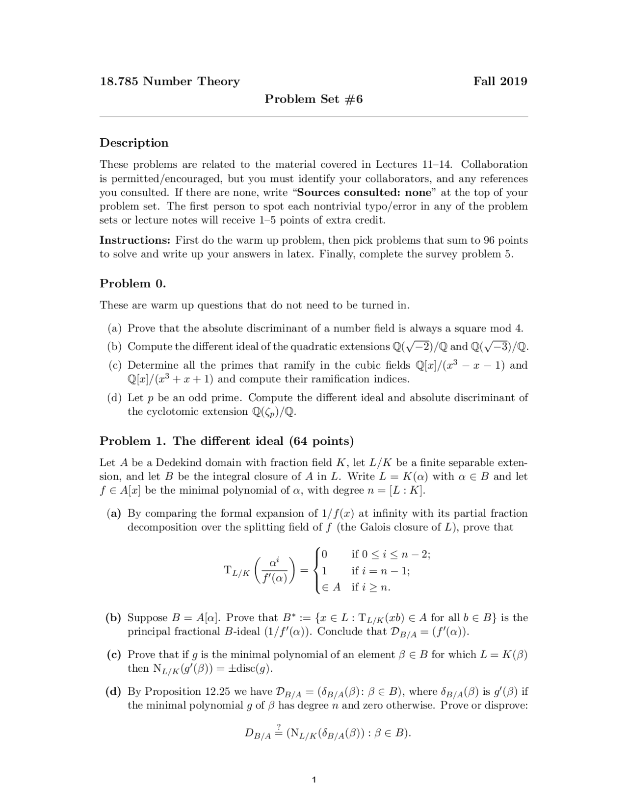 The Different Ideal Valuation Rings Minkowski S Lemma Problems To Solve Docsity