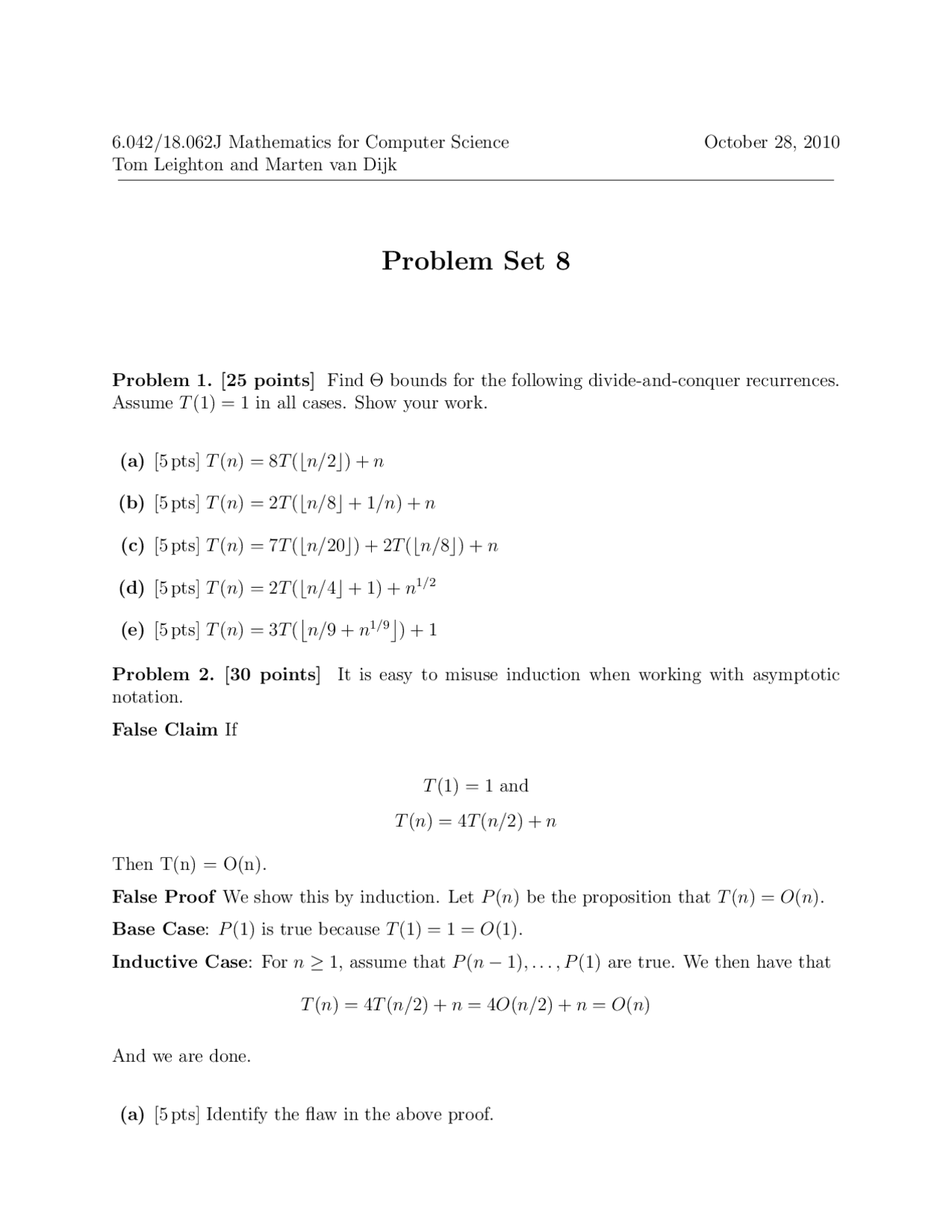 Mathematics for Computer Science Problem Set 8 - Docsity