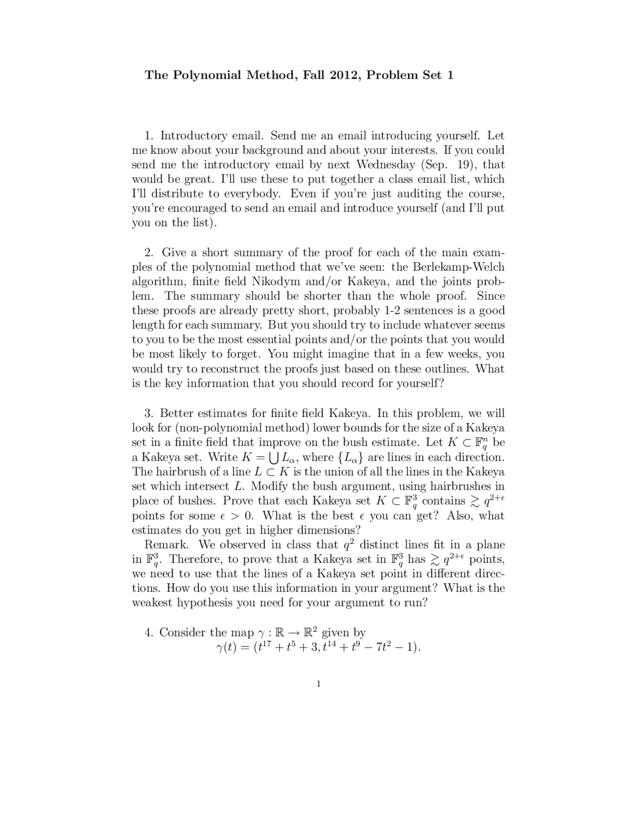 The Polynomial Method Problem Set 1 - Docsity