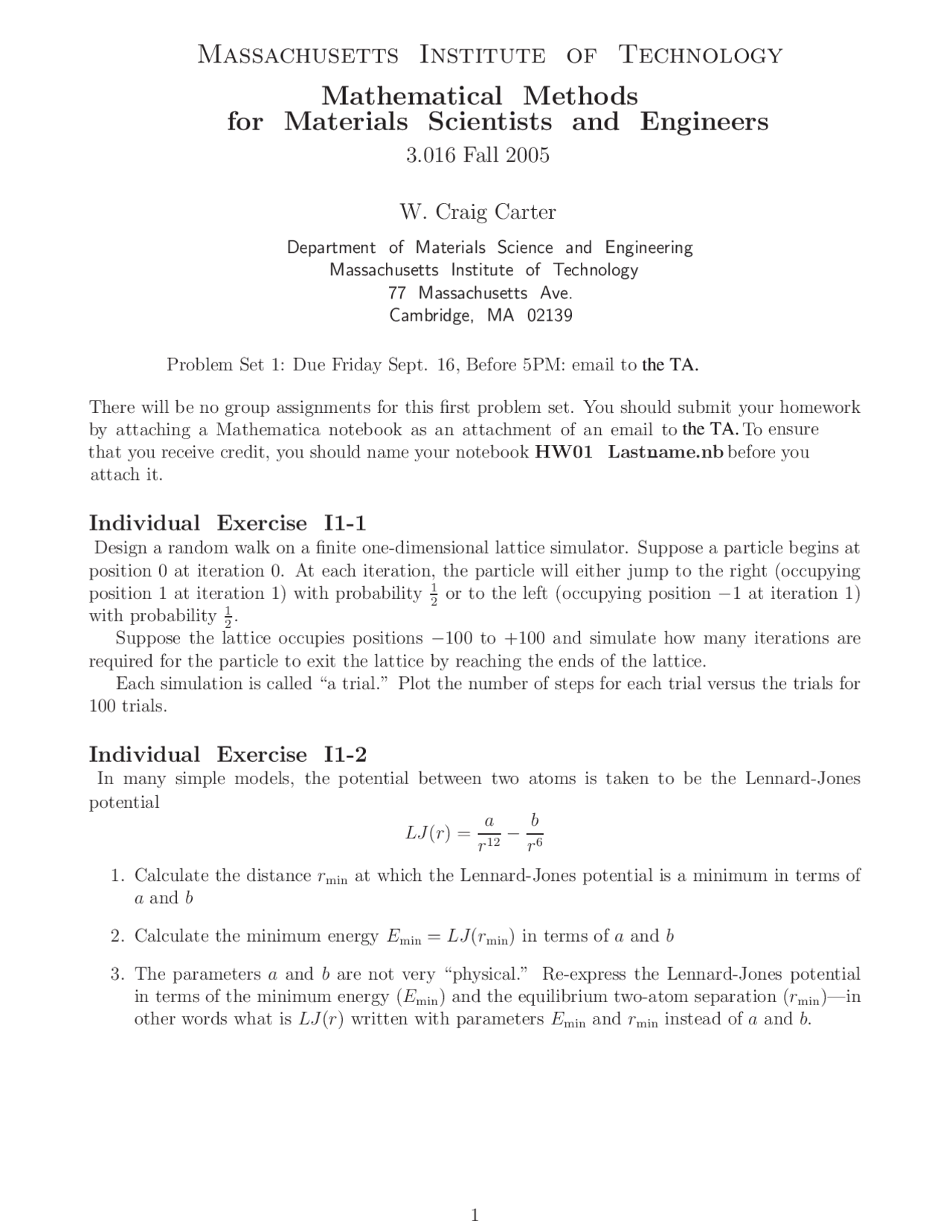 Materials Engineering Math Mathematics for Materials Scientists and Engineers Problem Set 1 - Docsity