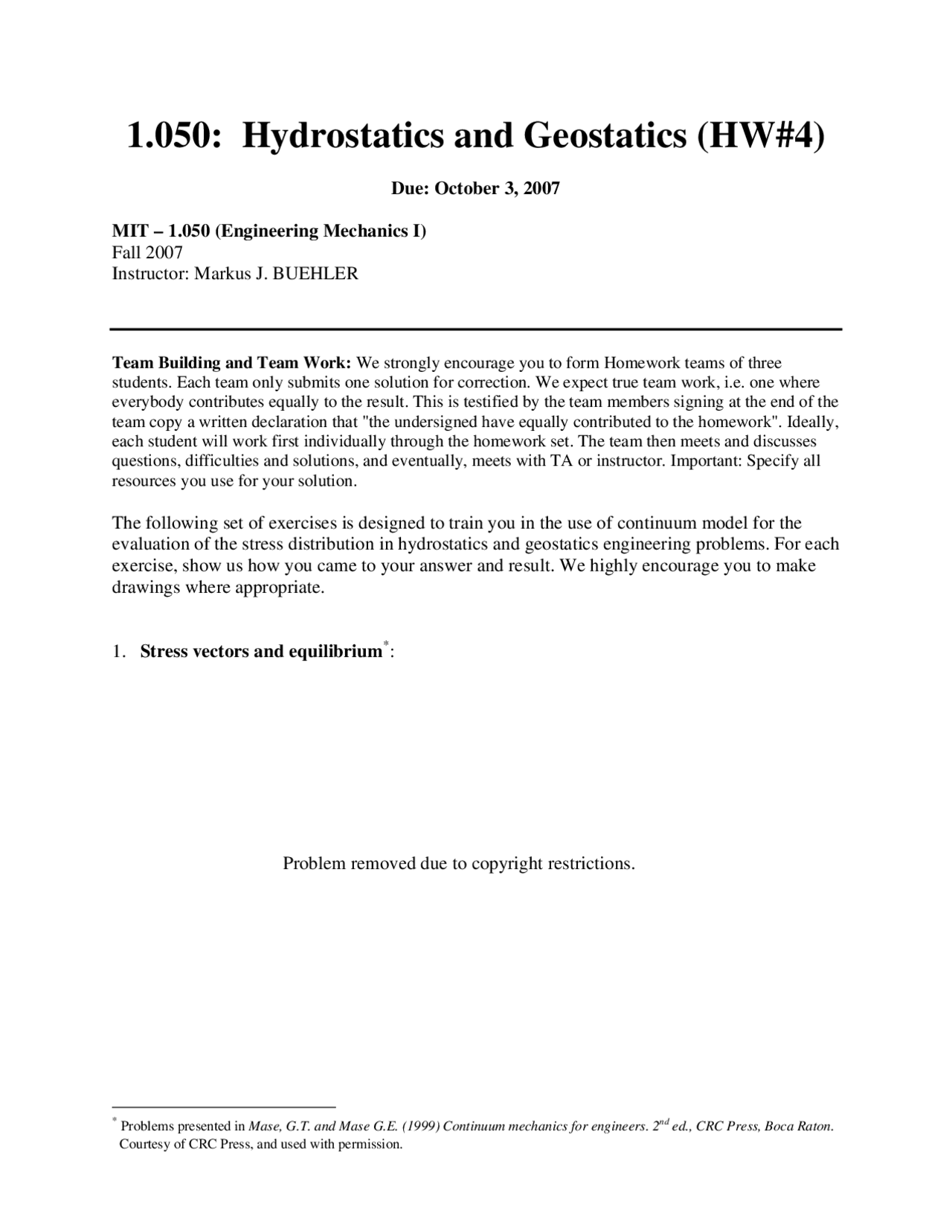Hydrostatics and geostatics problem set - Engineering Mechanics I - Docsity