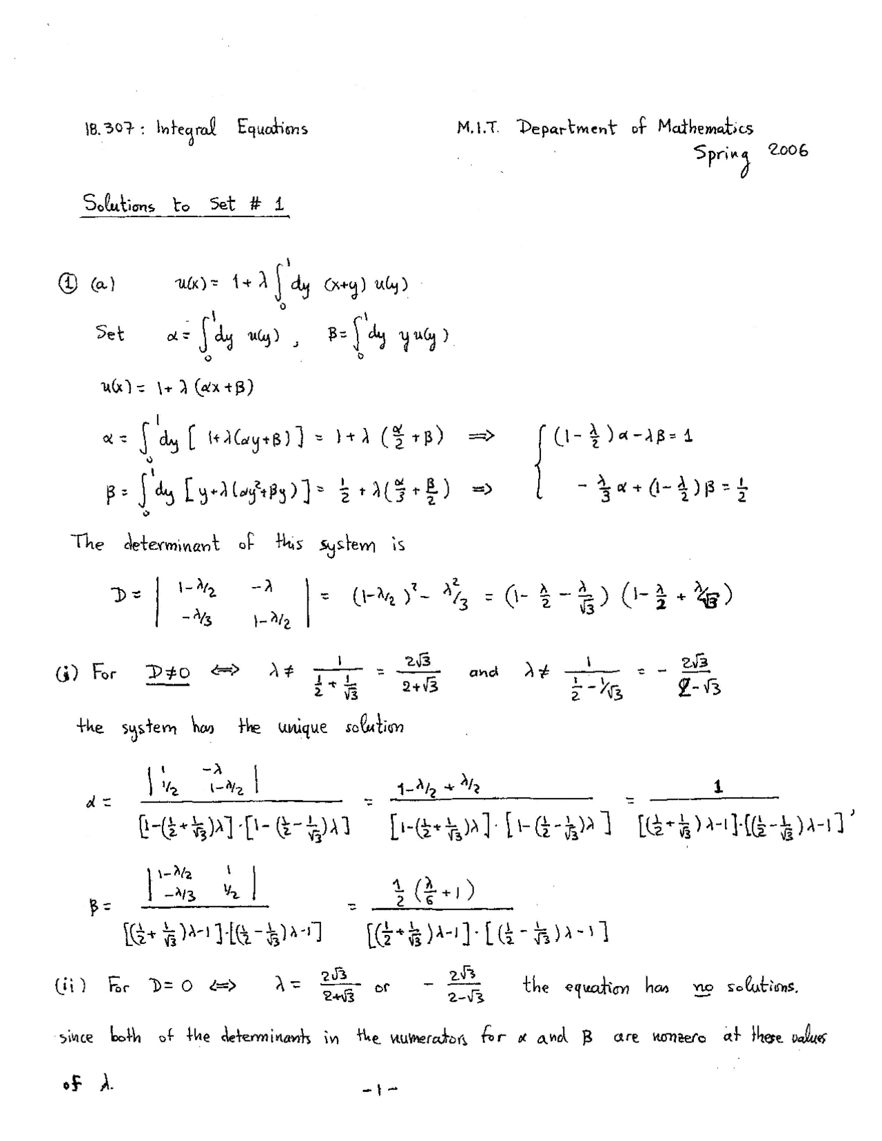 Integral Equations Solutions to Problem Set 1 - Docsity