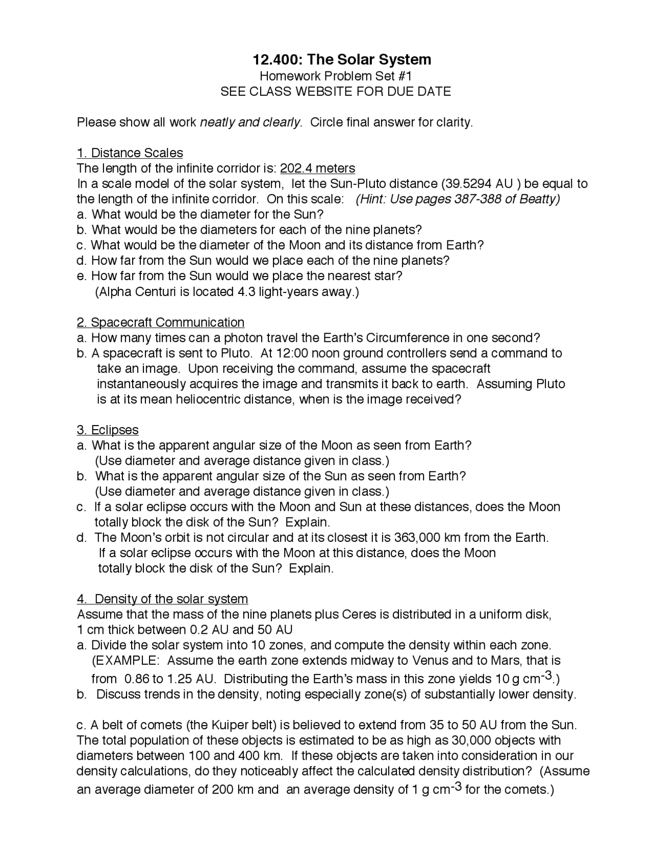 The Solar System Homework Problem Set 1 - Docsity