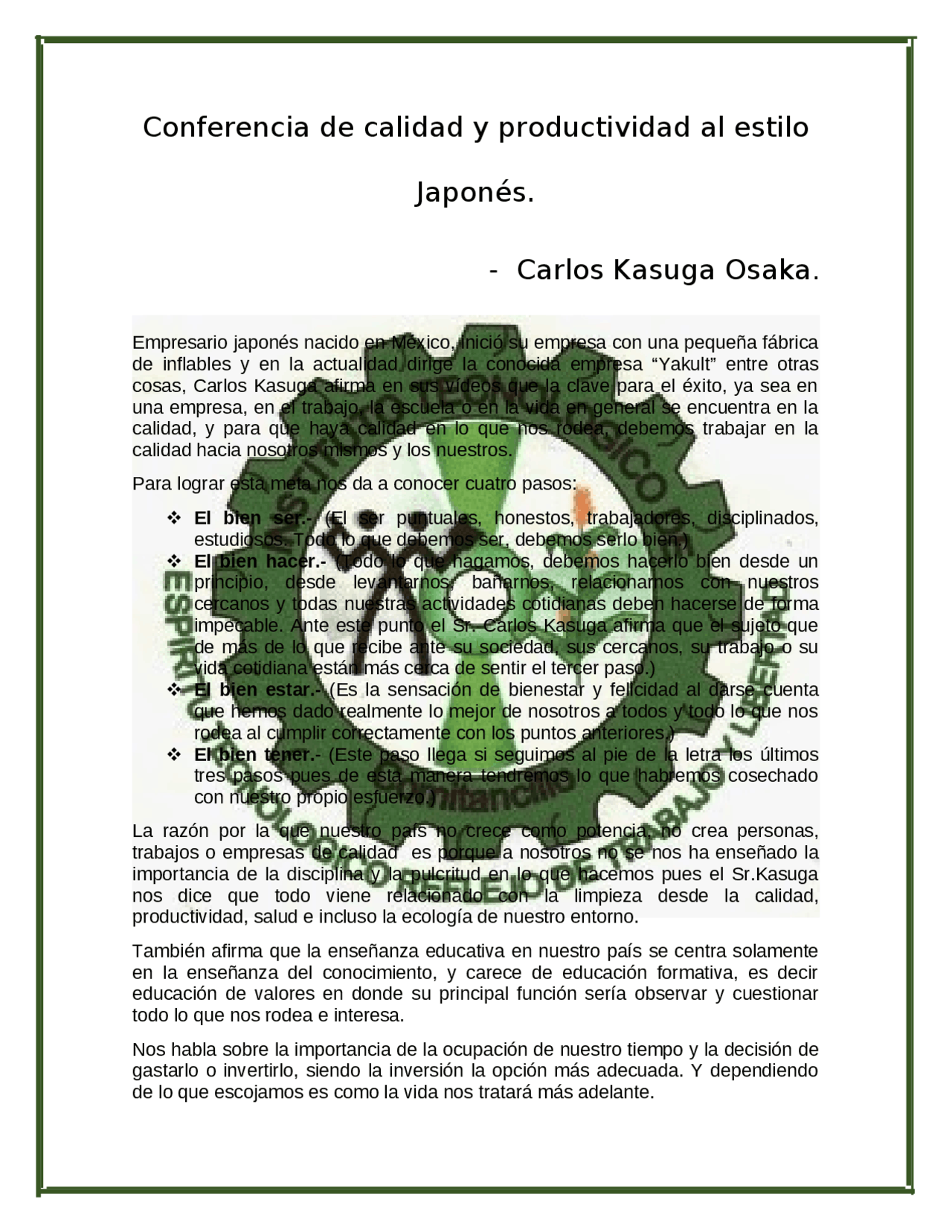 Conferencia De Calidad Y Productividad Al Estilo Japones Docsity
