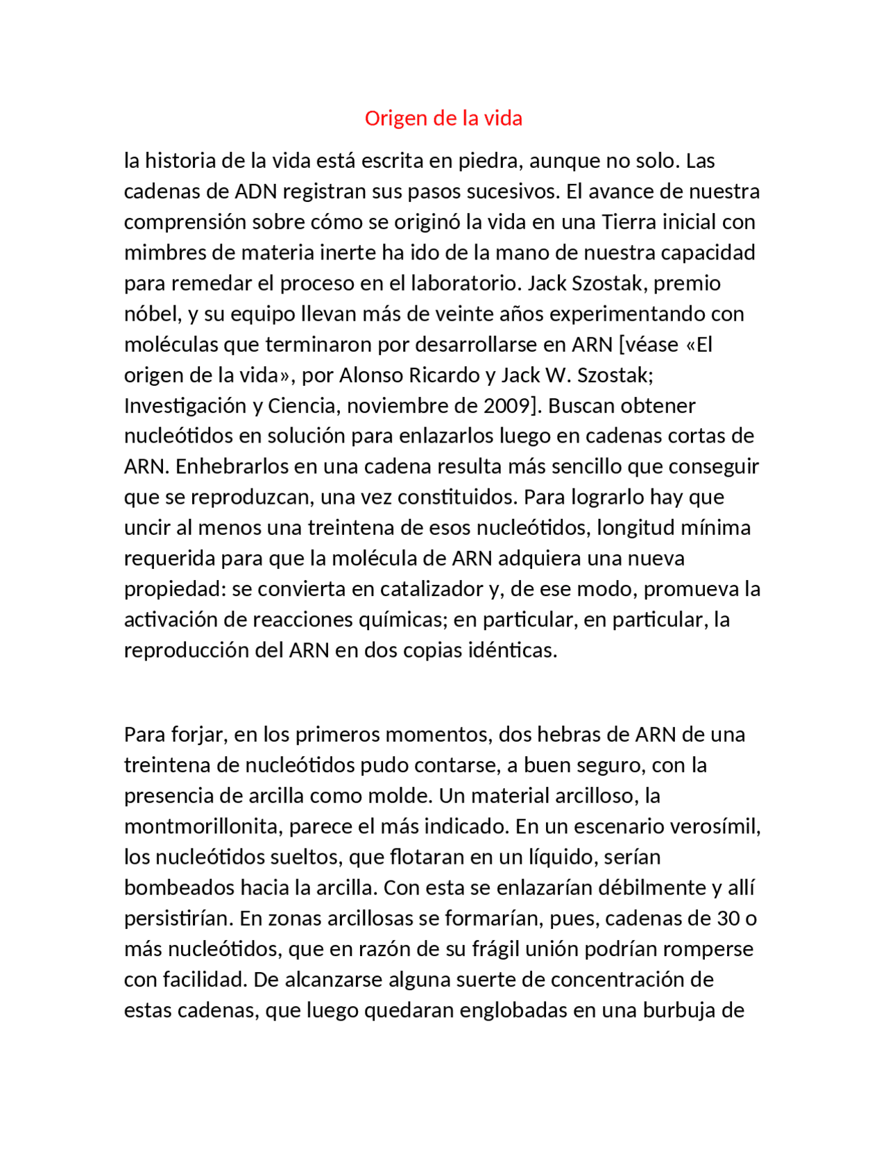 Hablamos sobre el origen de la vida y sus creaciones - Docsity