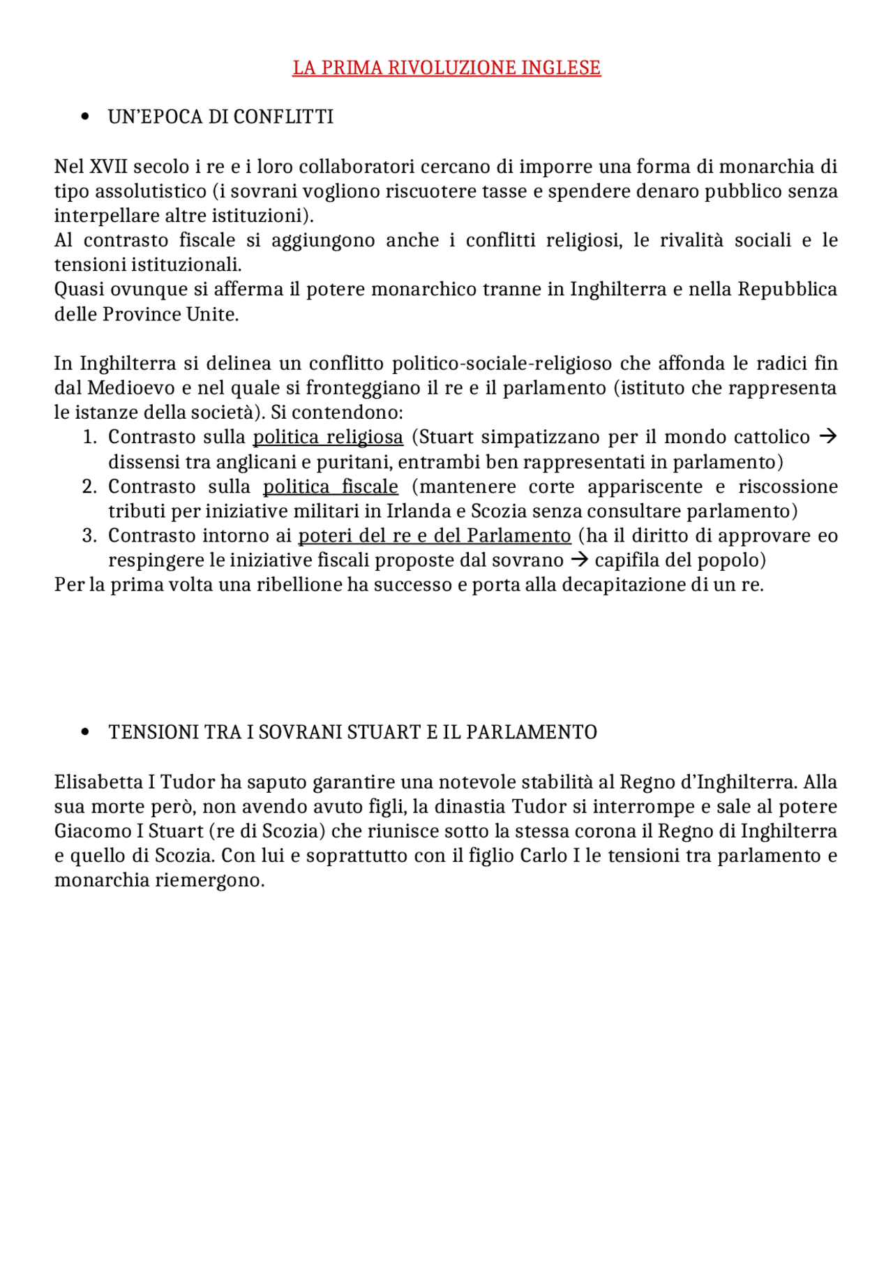 La prima rivoluzione inglese Sintesi del corso di Storia Docsity