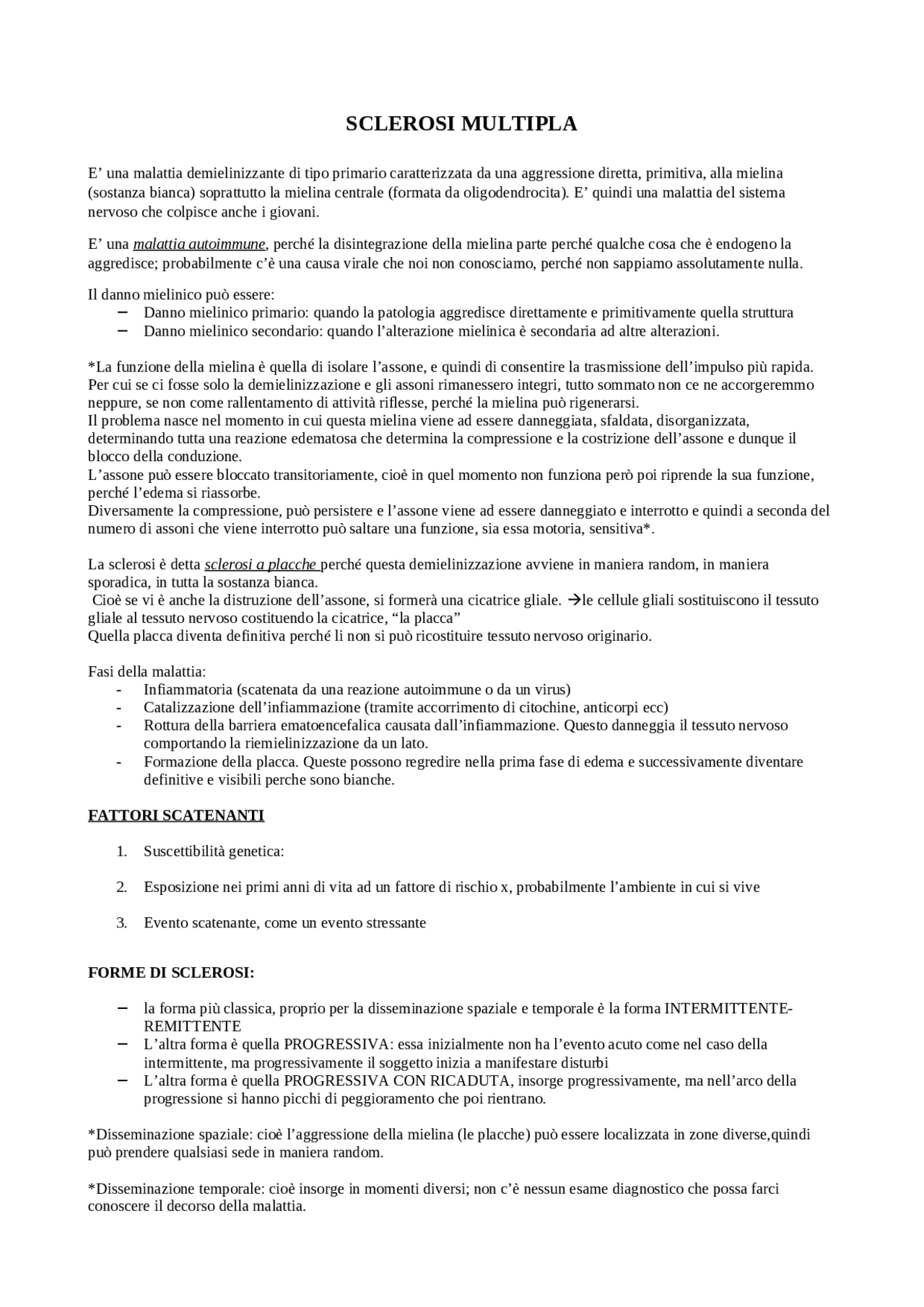 Malattia Sclerosi Multipla | Lecture notes of Neurology | Docsity