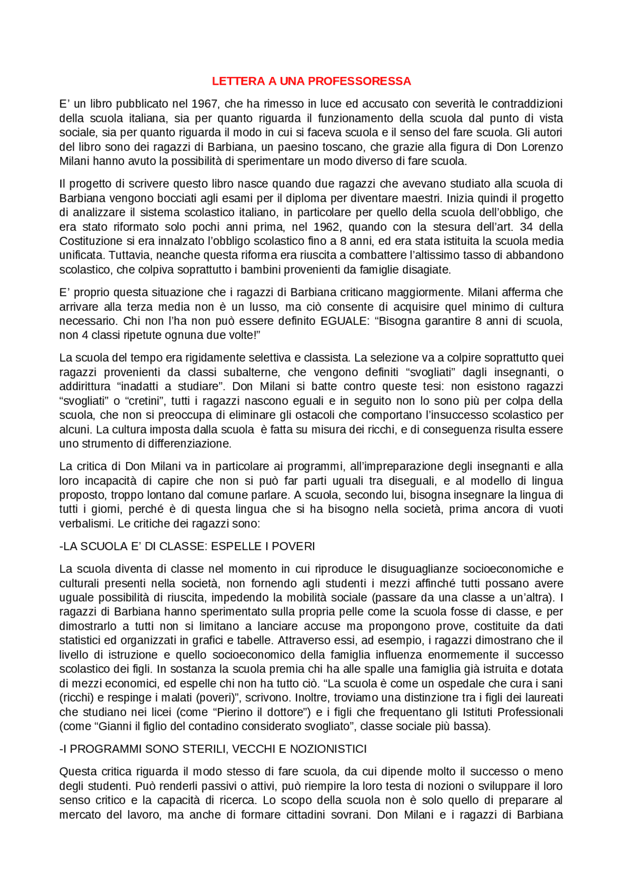 Riassunto Lettera a una professoressa - Docsity