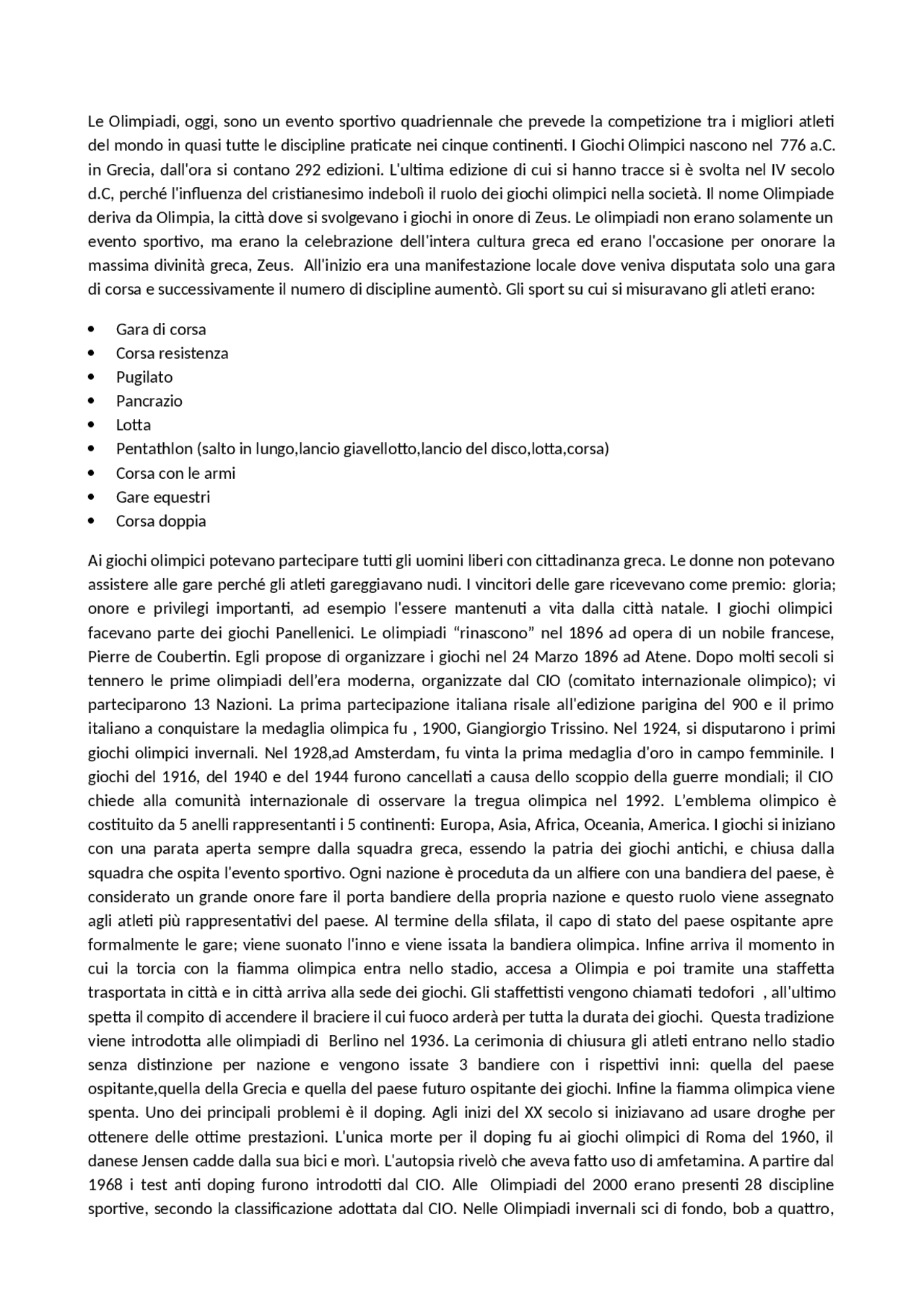 Le olimpiadi dalla Grecia ad oggi. Docsity