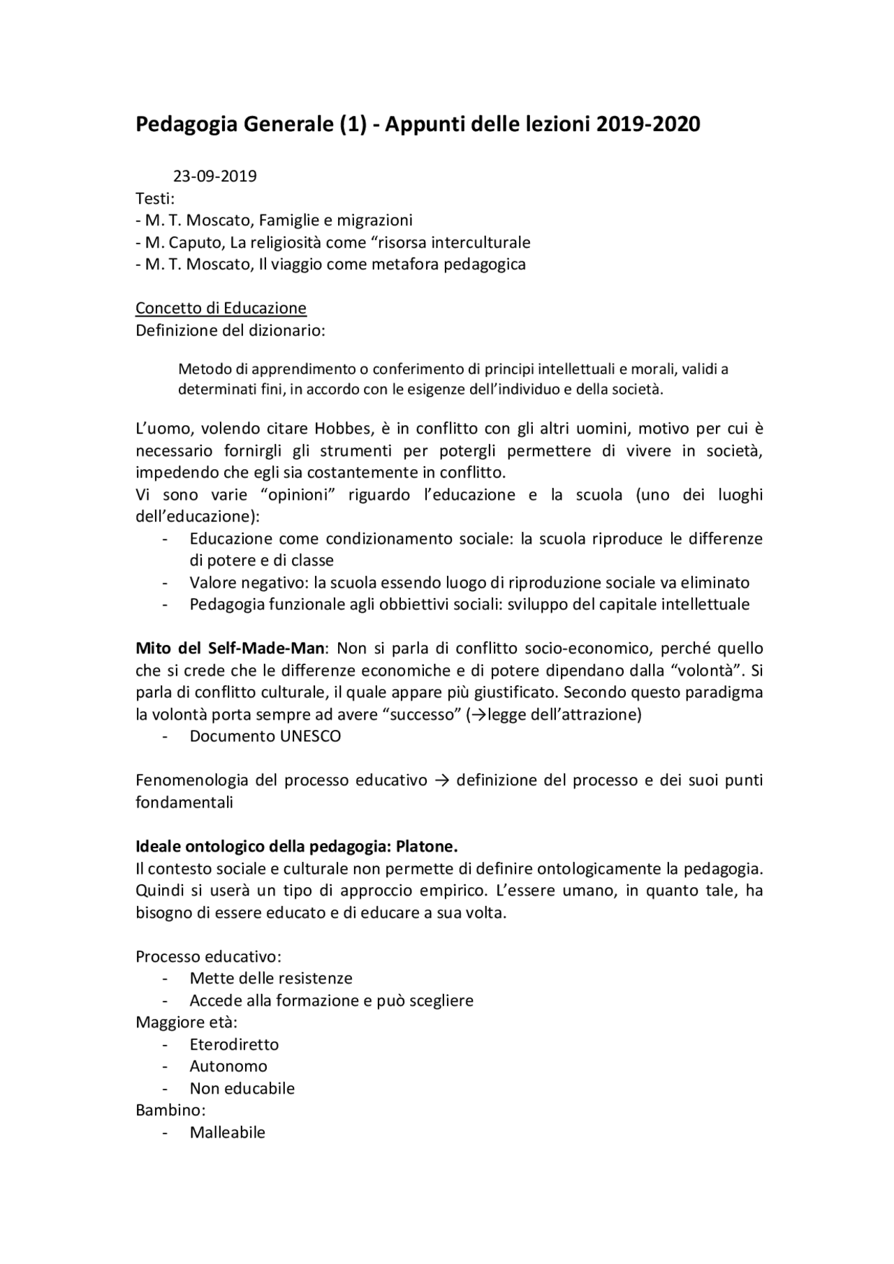 Appunti - Pedagogia Generale (1) | Appunti di Pedagogia | Docsity