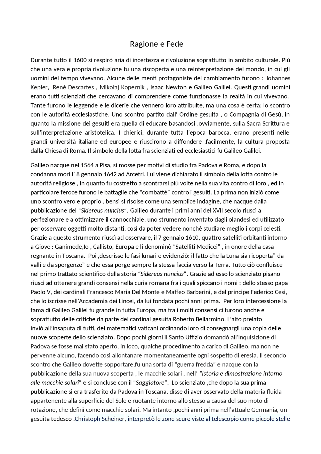 Relazione sul rapporto Ragione e Fede in GALILEO GALILEI - Docsity
