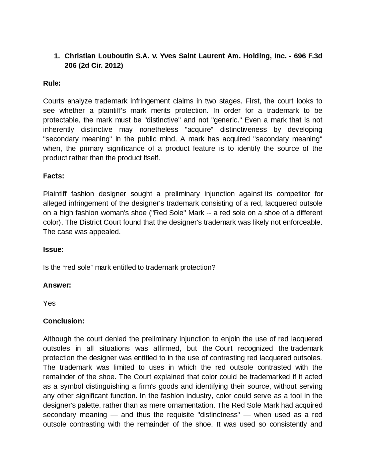 Intellectual Property Case Summaries - Docsity