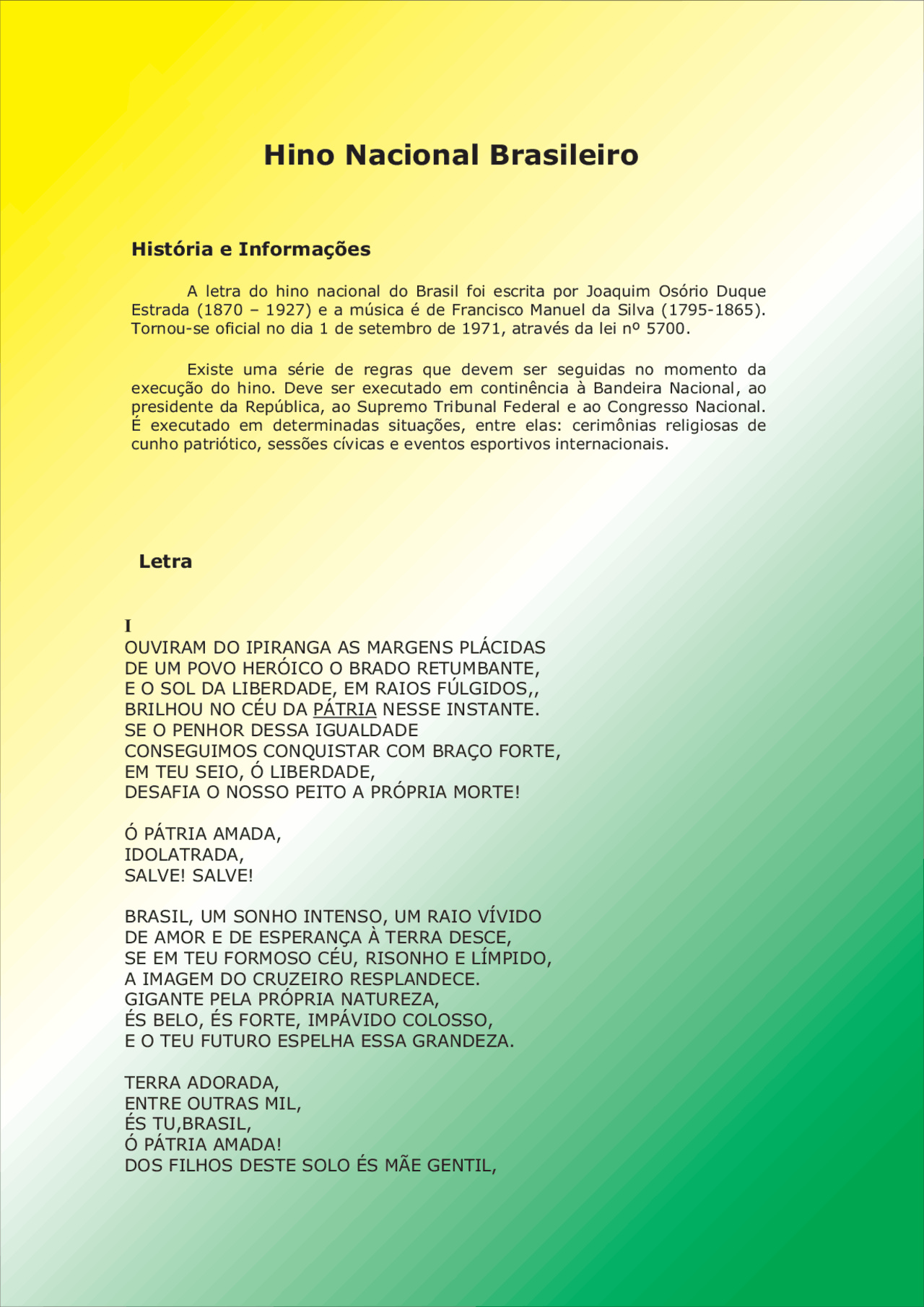 Letra Do Hino Nacional Brasileiro Para Imprimir - FDPLEARN