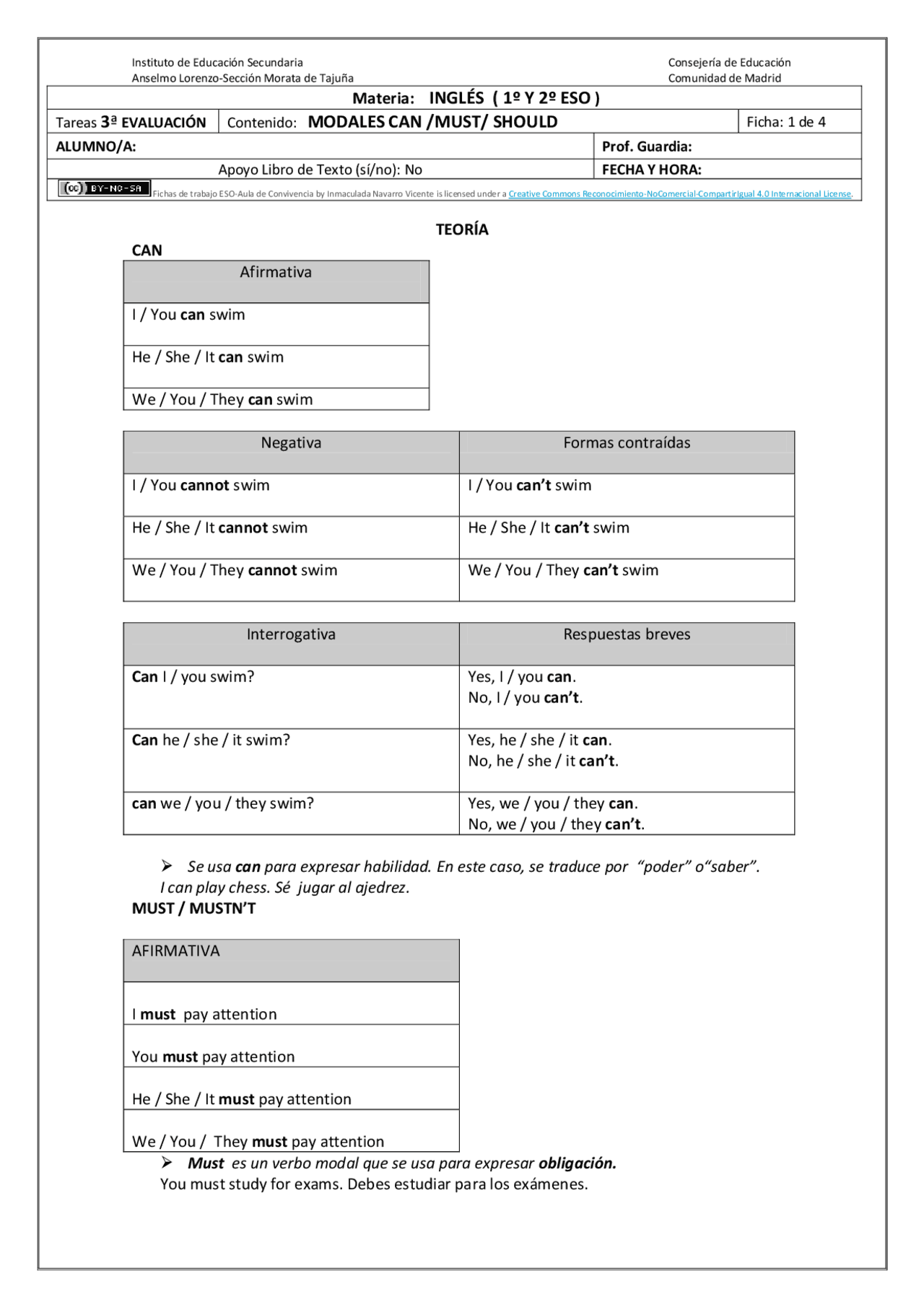 Verbos modales inglés bachillerato | Ejercicios de Inglés | Docsity