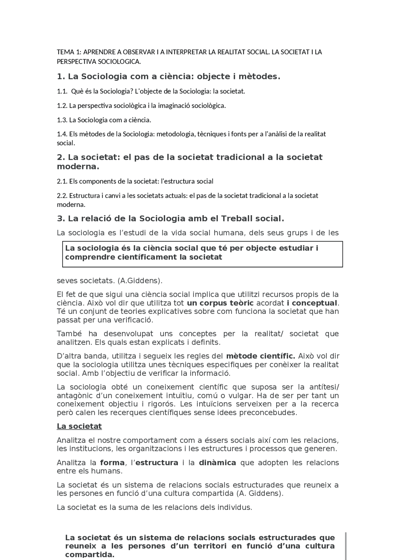 Tema 1 sociologia treball social | Apuntes de Sociología | Docsity