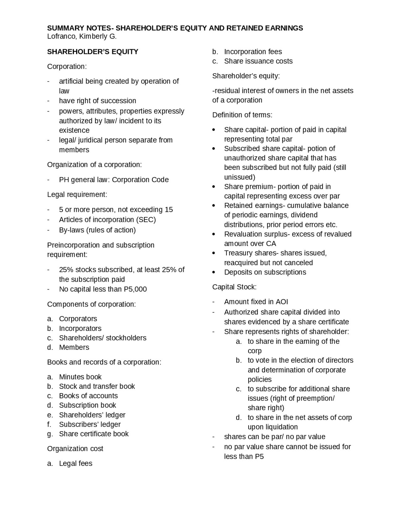 Shared Equity Amendment Sharedholders' Equity Summary | Summaries Financial Management | Docsity