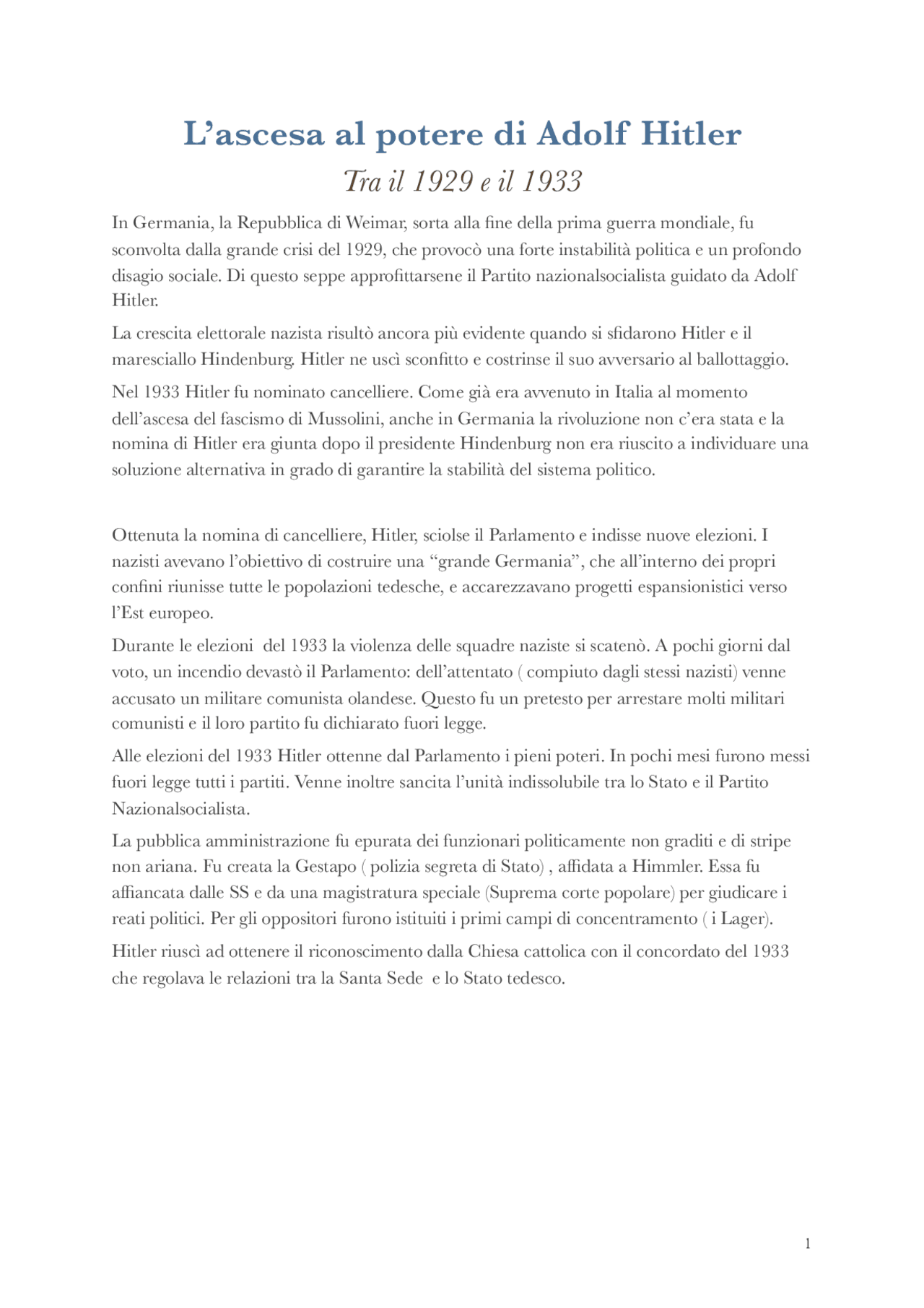 L'ascesa al potere di Adolf Hitler Docsity