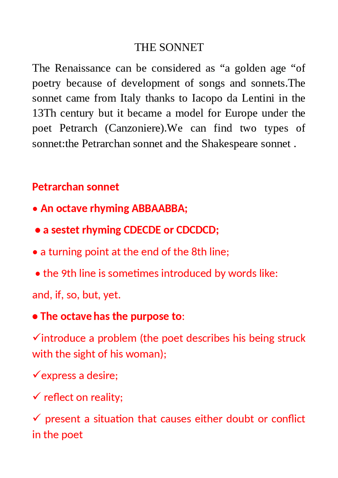The structure of sonnet - Docsity