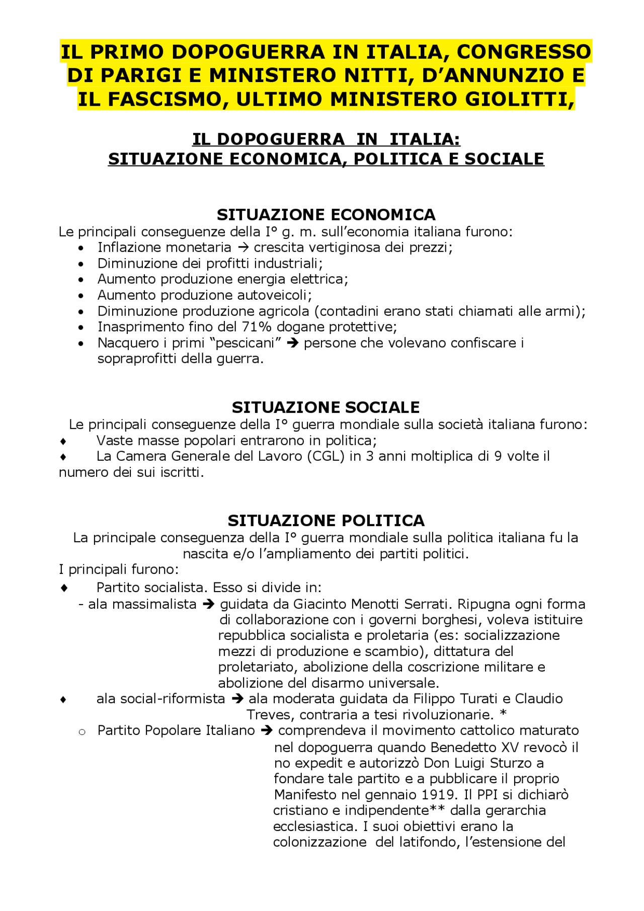 IL PRIMO DOPOGUERRA IN ITALIA, CONGRESSO DI PARIGI E MINISTERO NITTI, D’ANNUNZIO E IL FASCISMO IL PRIMO DOPOGUERRA IN ITALIA, CONGRESSO DI PARIGI E MINISTERO NITTI, D’ANNUNZIO E IL FASCISMO