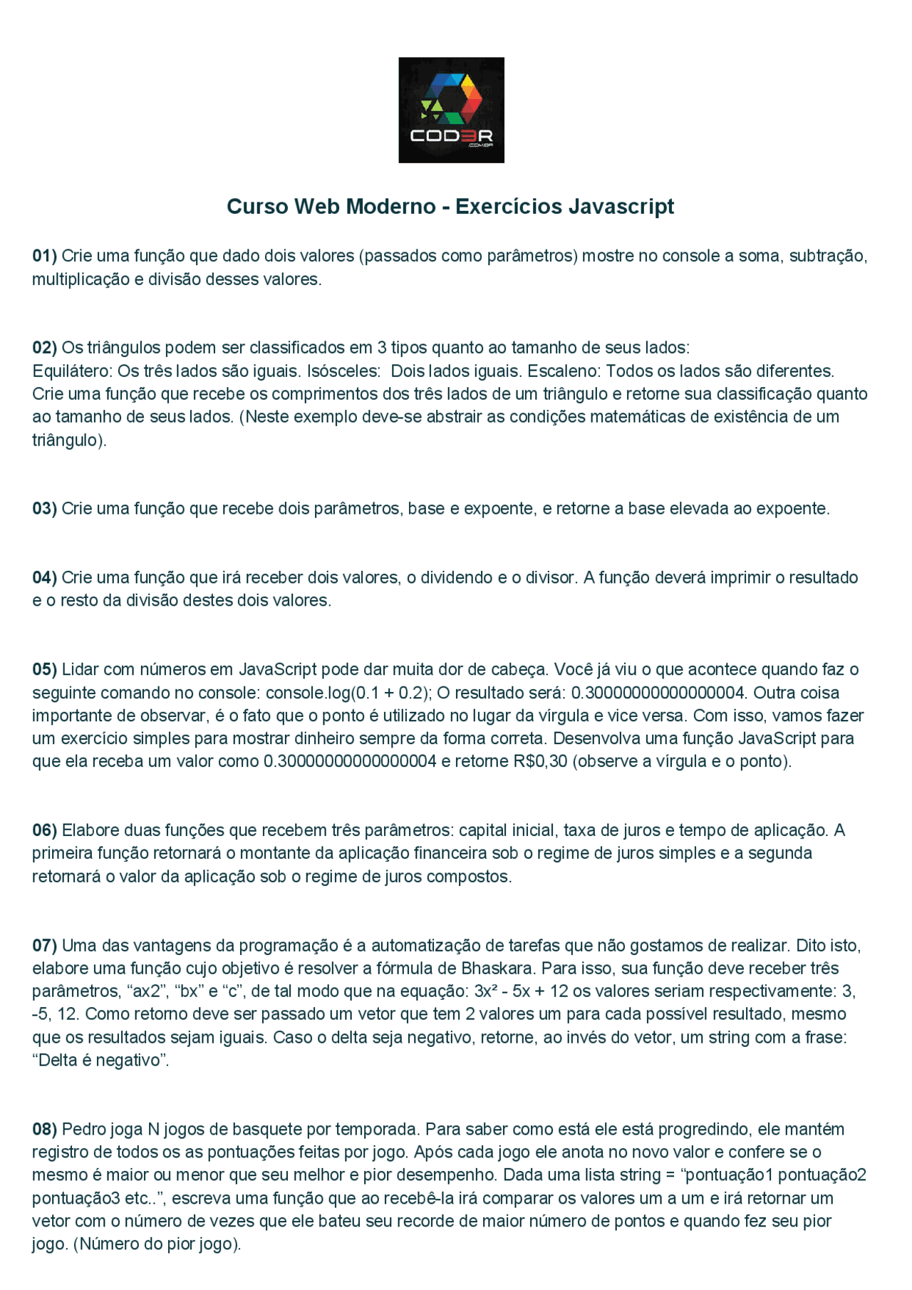 Exercícios Javascript | Exercícios Programação Javascript | Docsity