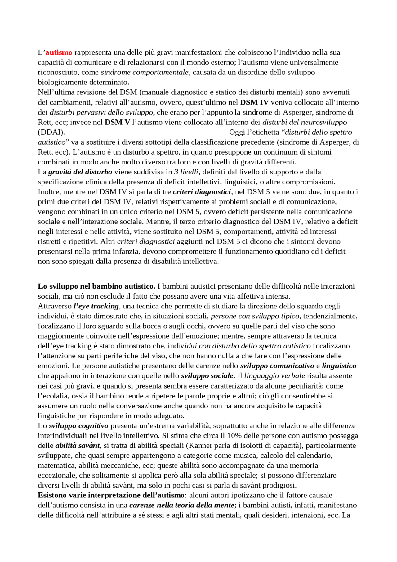 I disturbi dello spettro autistico - Docsity