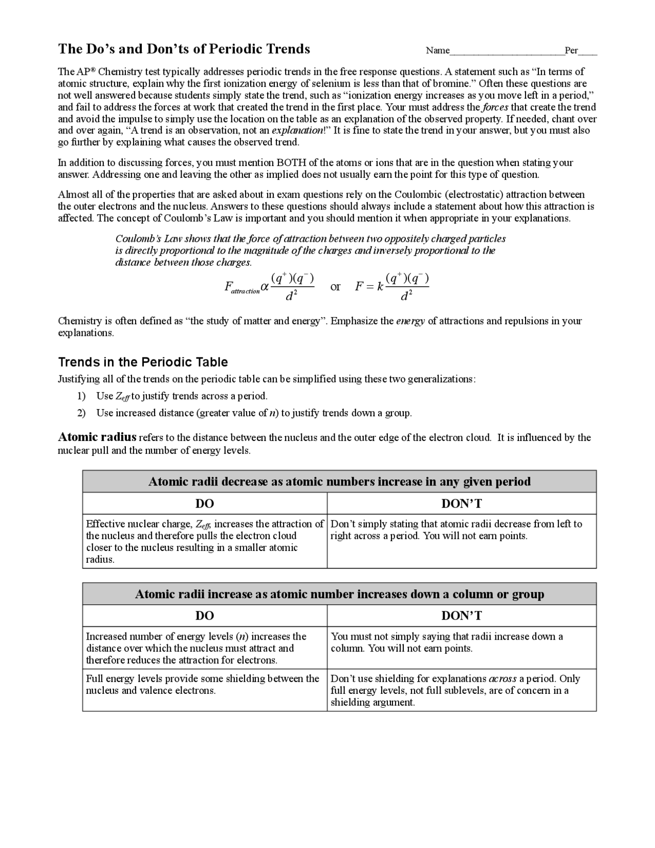 AP Chem Periodic Trends | Lecture notes Chemistry - Docsity