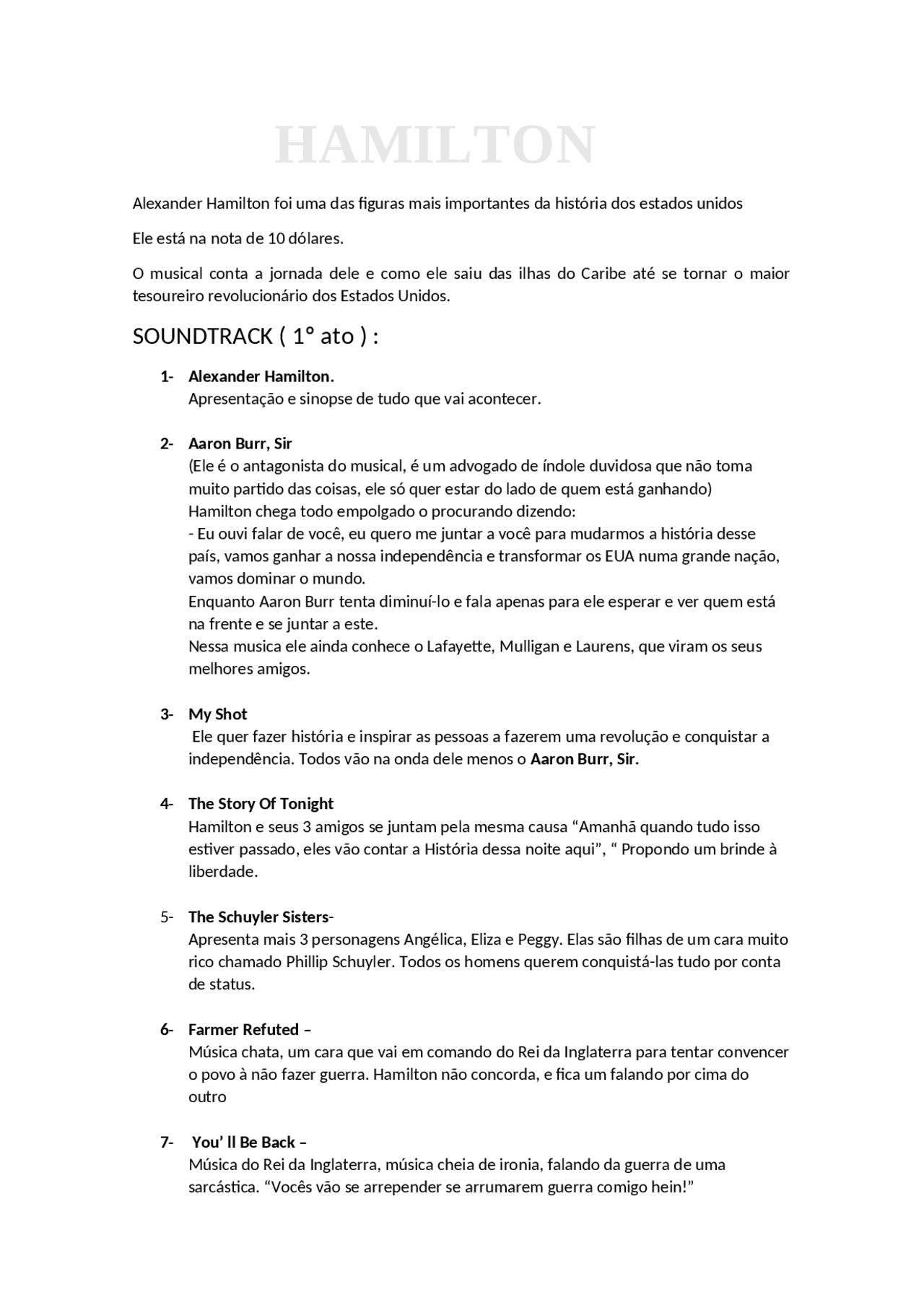 Anotações sobre o musical Hamilton - Docsity