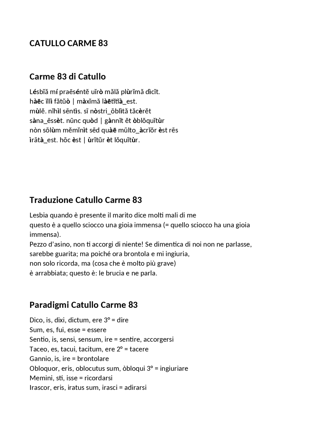 CATULLO CARME 83 TESTO, TRADUZIONE E PARADIGMI Appunti di Letteratura latina Docsity CATULLO CARME 83 TESTO, TRADUZIONE E PARADIGMI Appunti di Letteratura latina Docsity