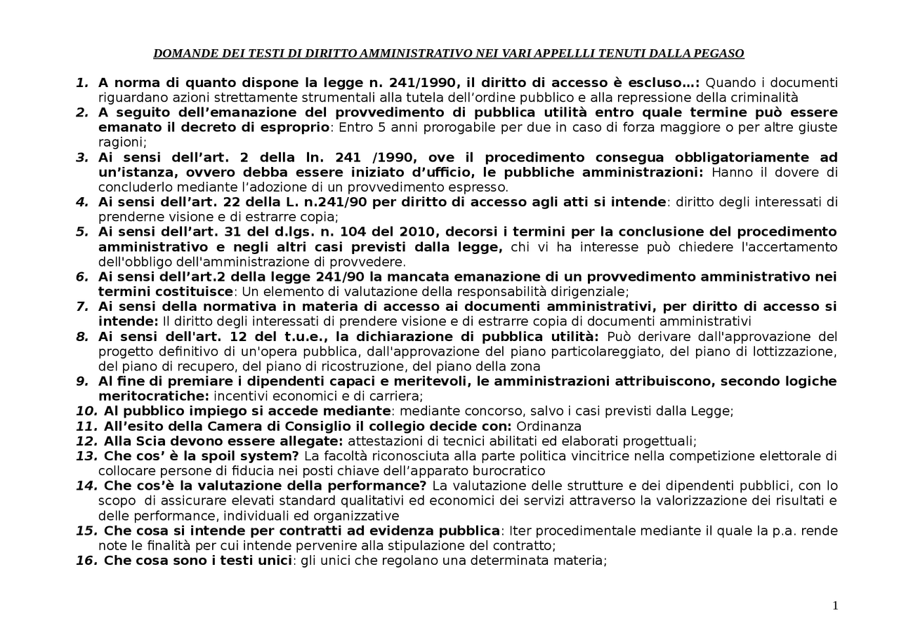 Domande complete DIRITTO AMMINISTRATIVO..unipegaso - Docsity