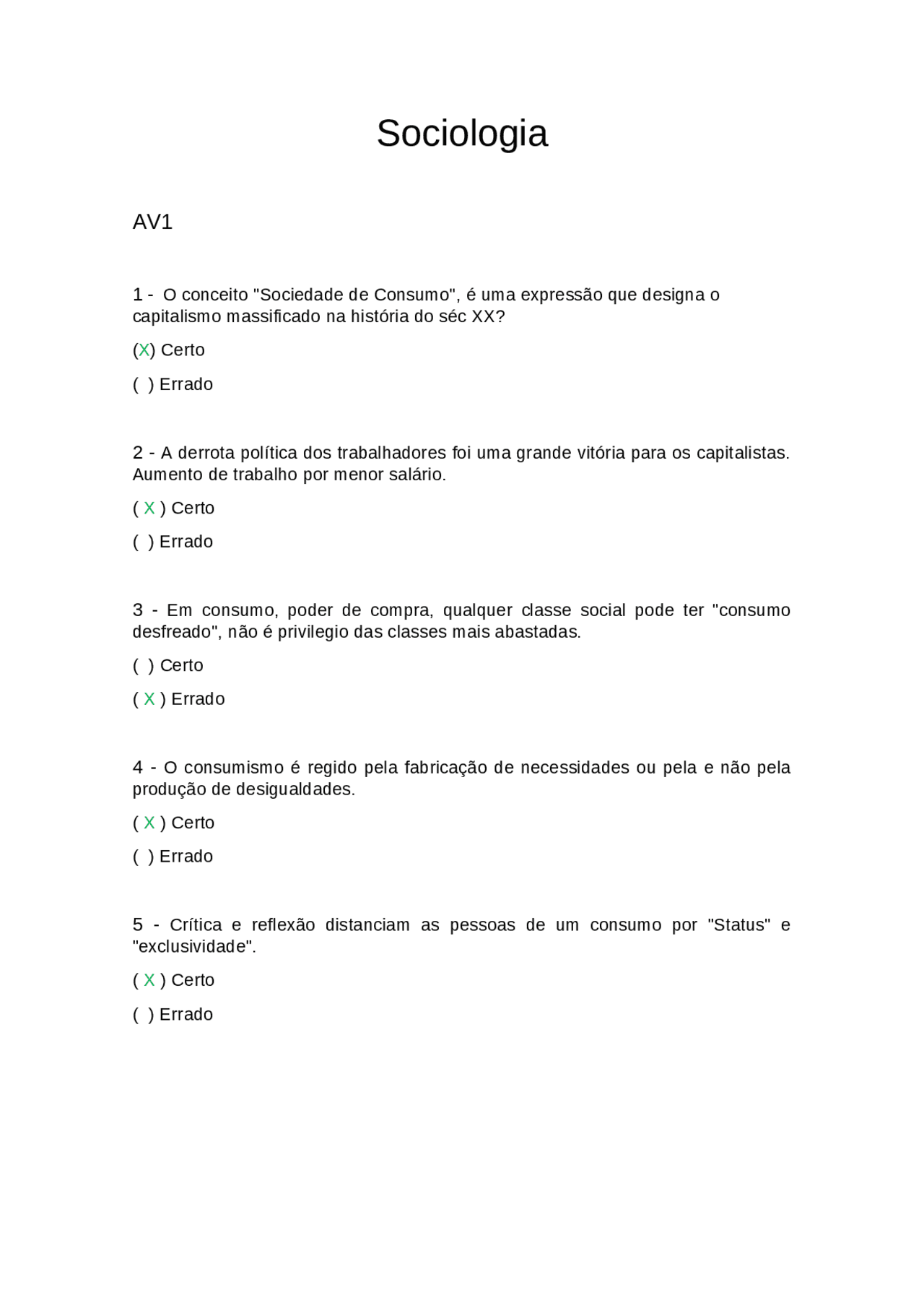 Sociologia AV1 Questões - Docsity