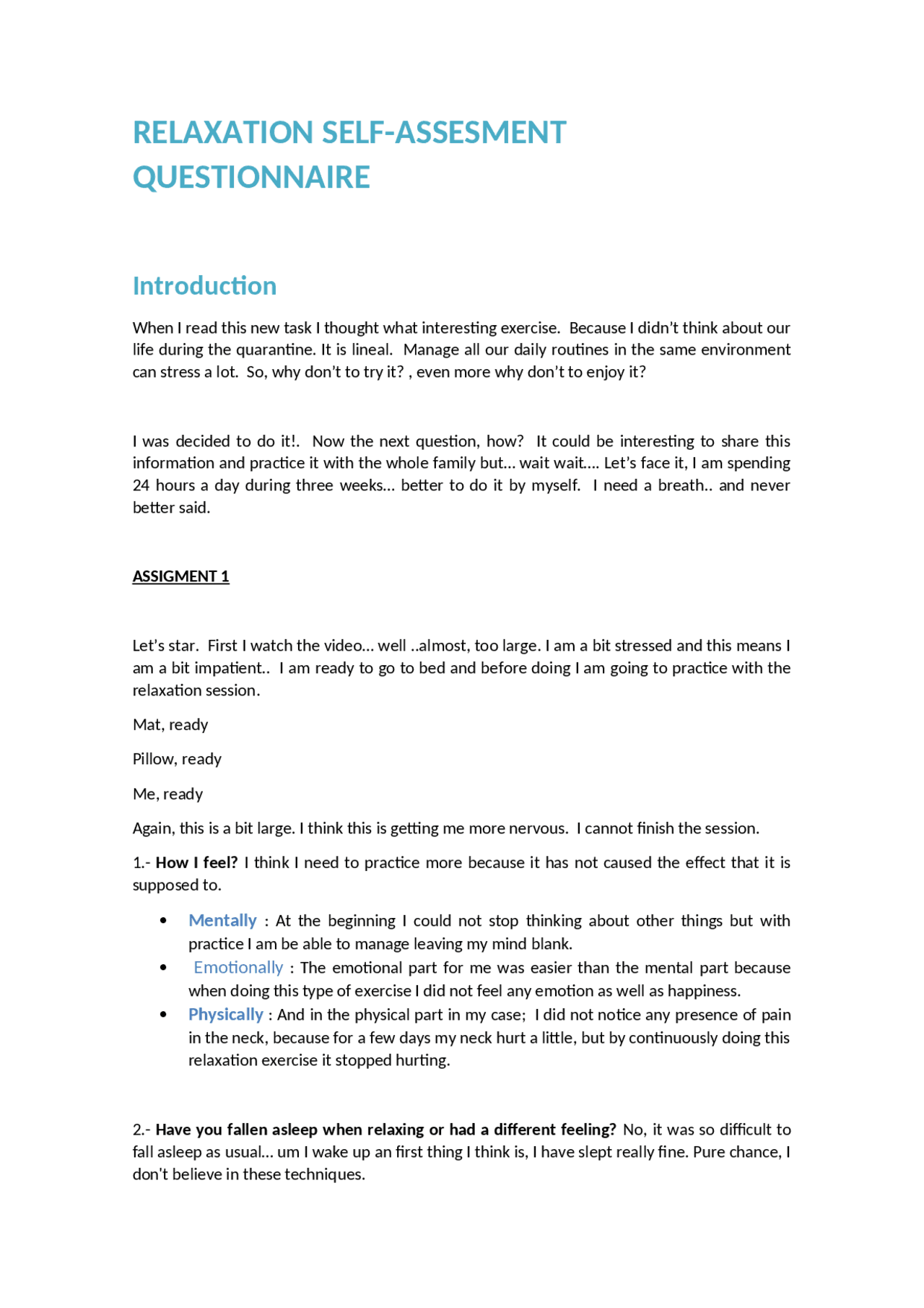 RELAXATION SELF-ASSESMENT QUESTIONNAIRE - Docsity