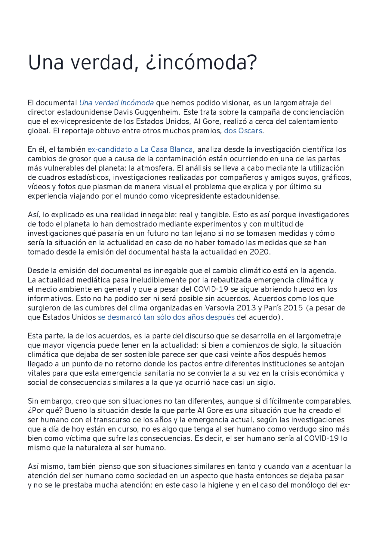 Una Verdad Incomoda Comentario Docsity