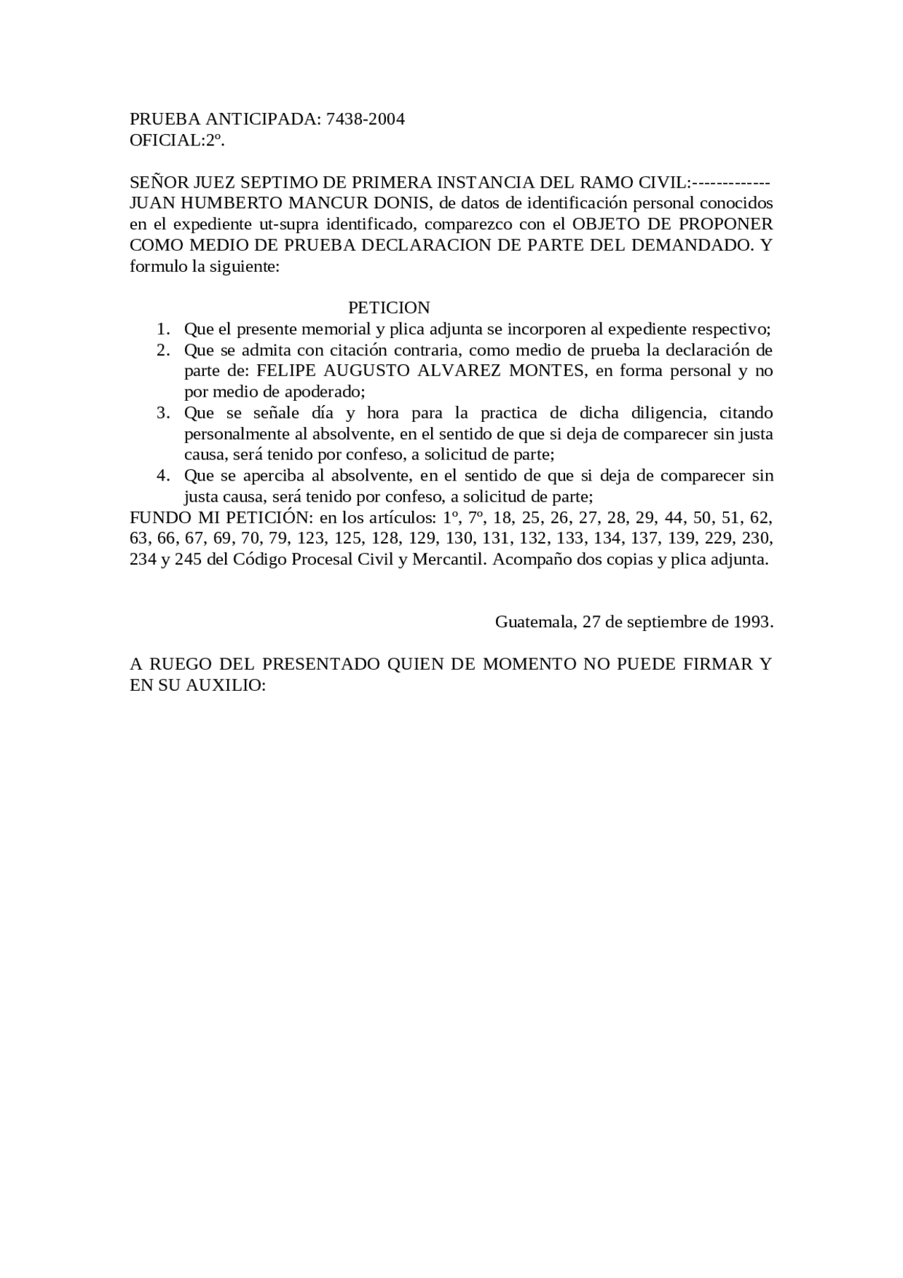 Memorial De Prueba Anticipada De Declaracion De Parte Plica Docsity