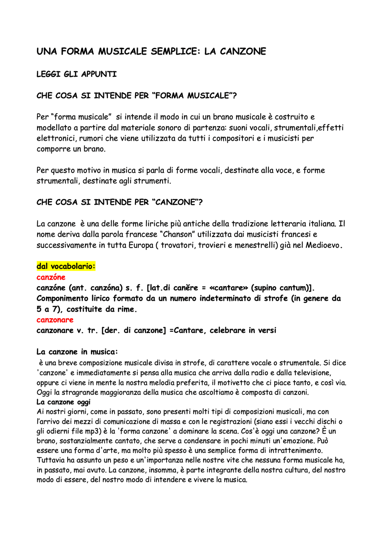 LA CANZONE - UNA FORMA MUSICALE SEMPLICE - Docsity