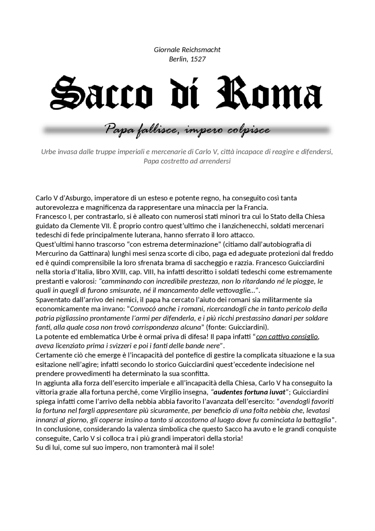 Sacchi Di Roma Sacco di Roma del 1527 | Sintesi del corso di Storia - Docsity