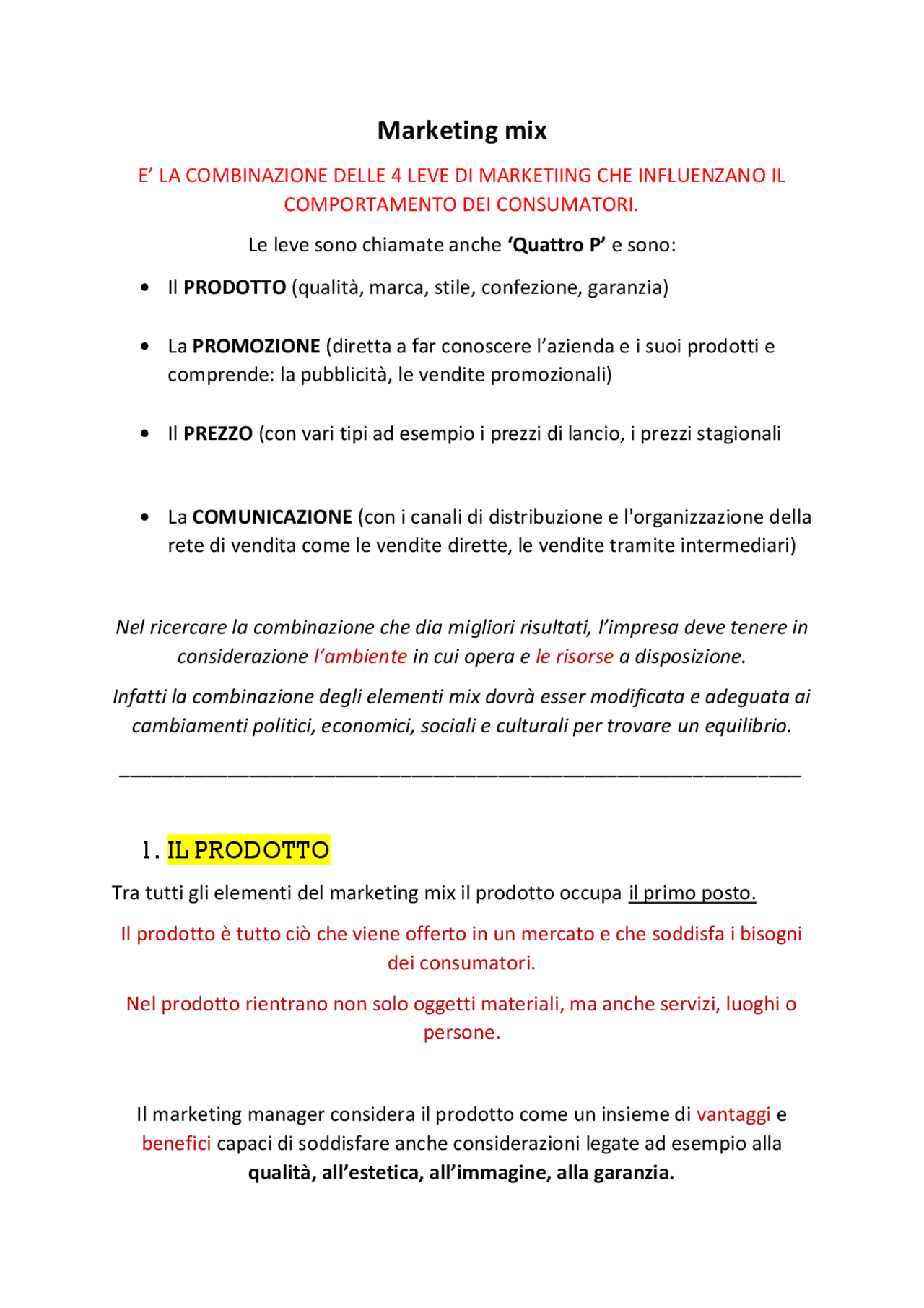 Marketing Mix e le 4 leve - Docsity