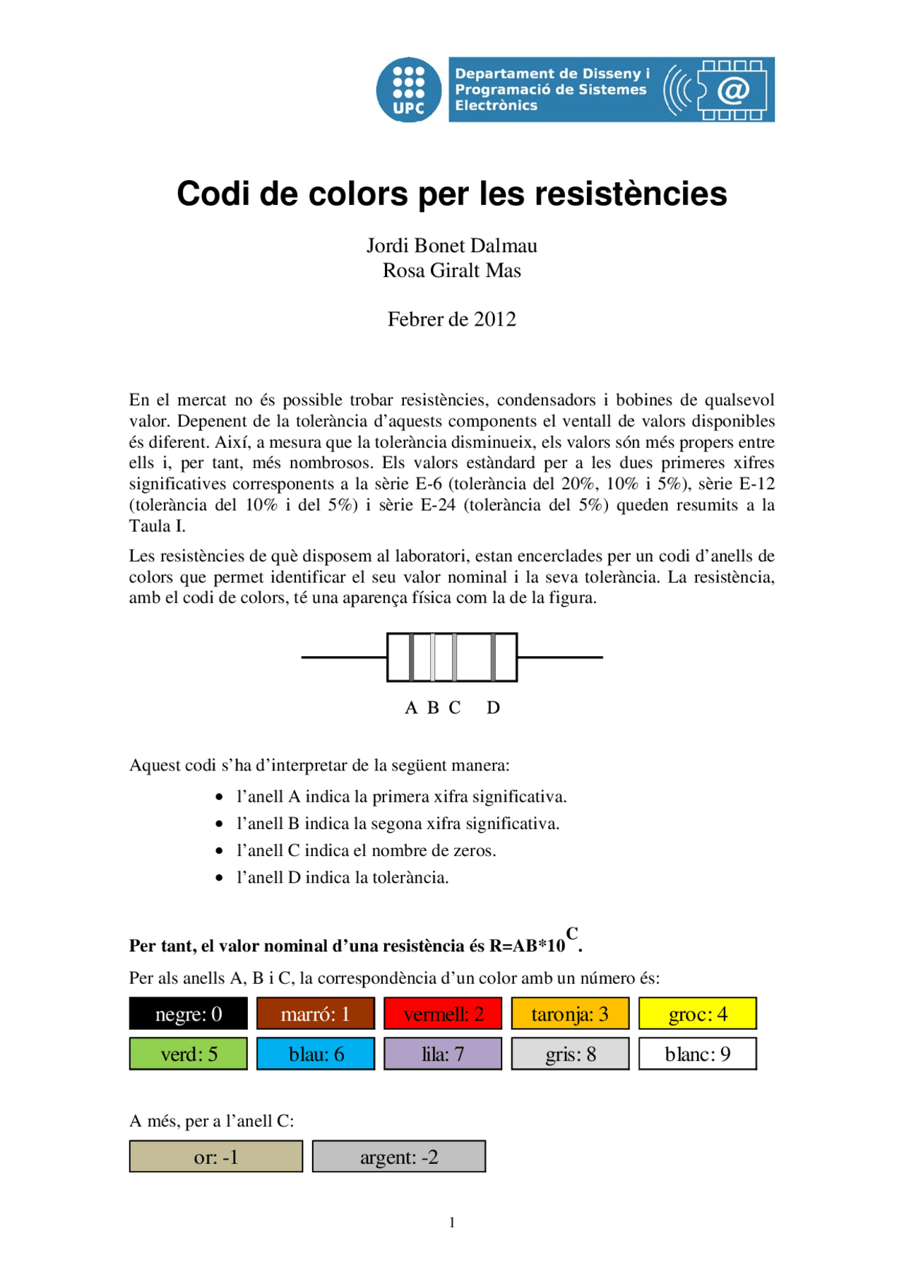 Codi de colors per les resistències - Docsity
