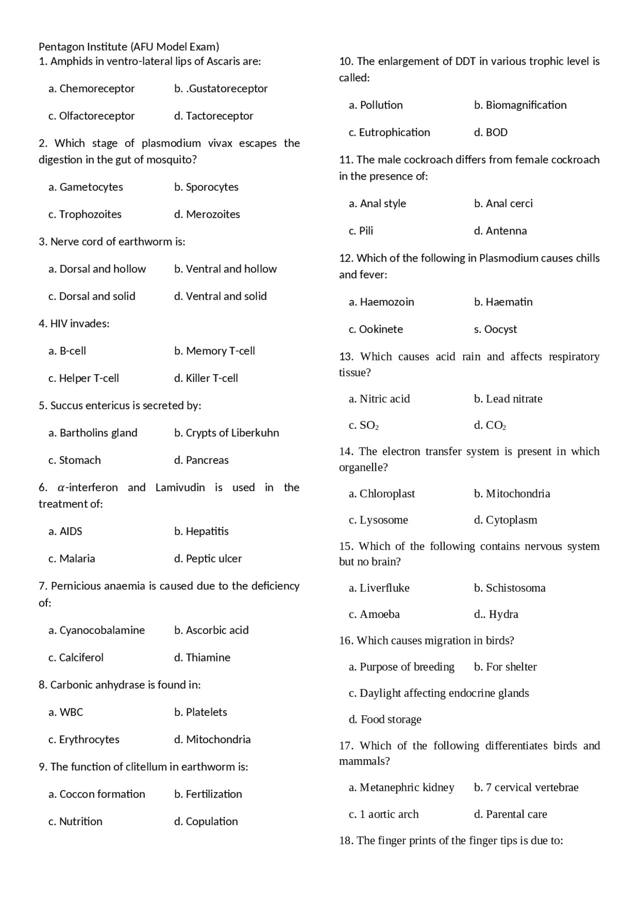 MCQs on Veterinary Science Docsity