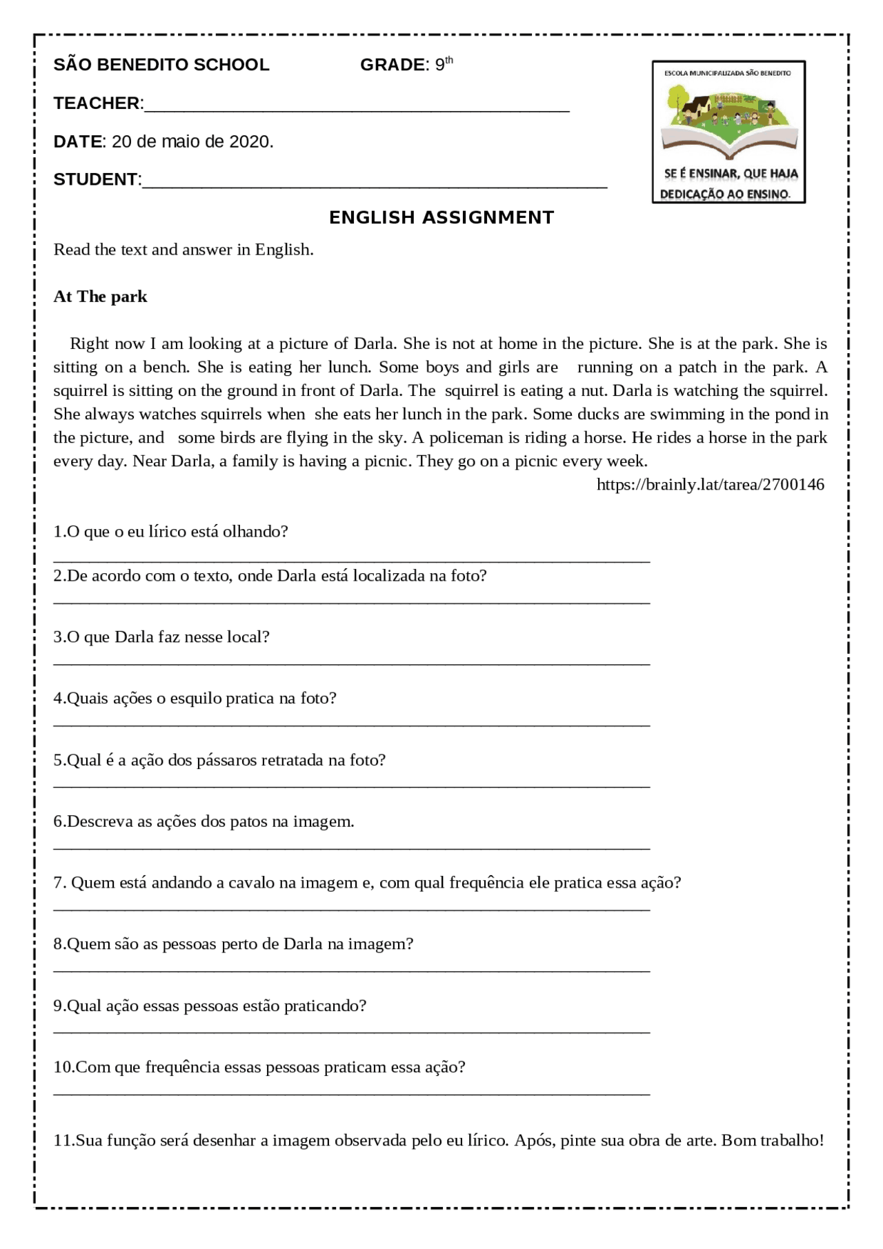 ATIVIDADE INGLÊS PARA 9 ANO | Exercícios Inglês | Docsity