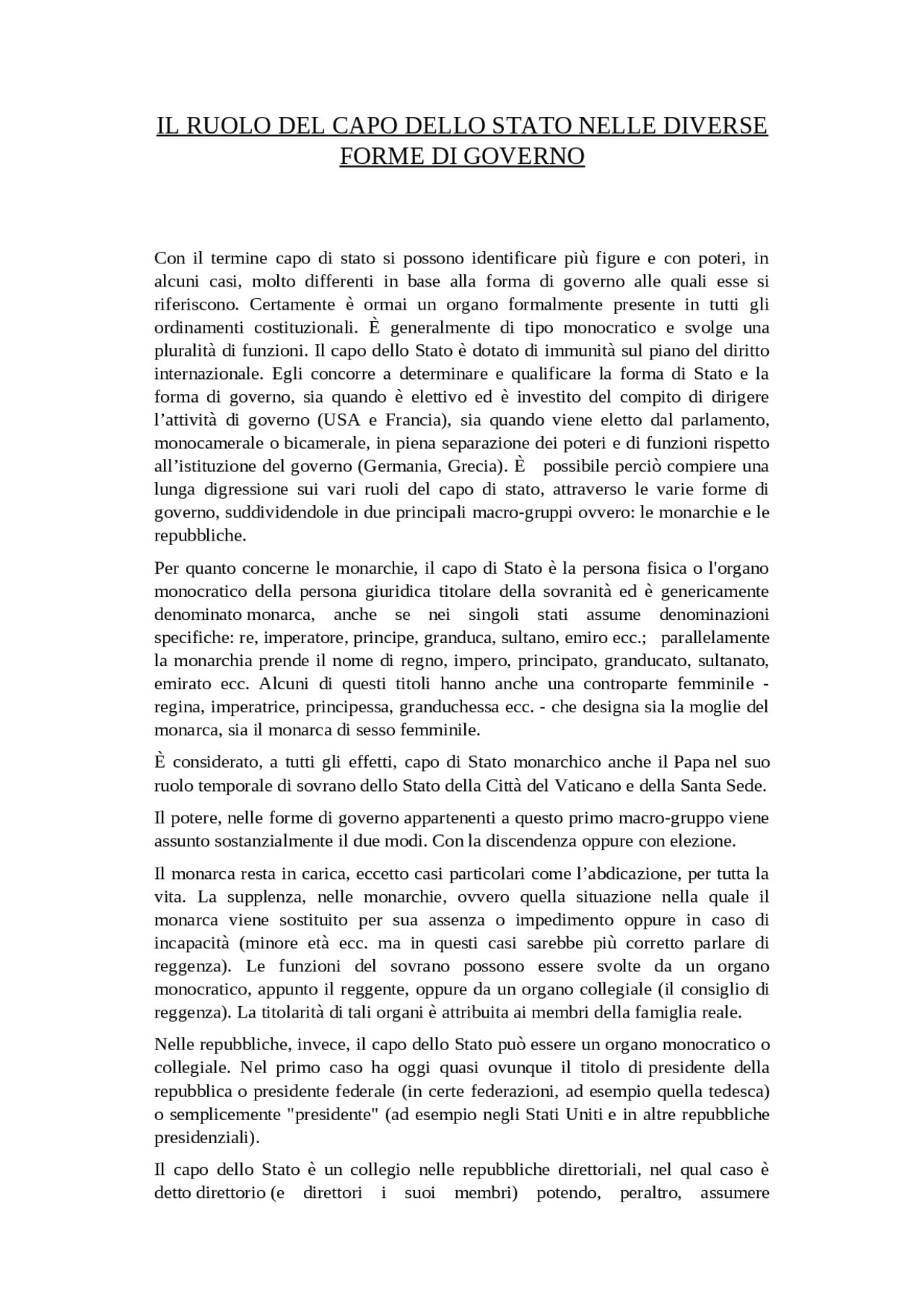 Il ruolo del capo di Stato nelle varie forme di governo Docsity