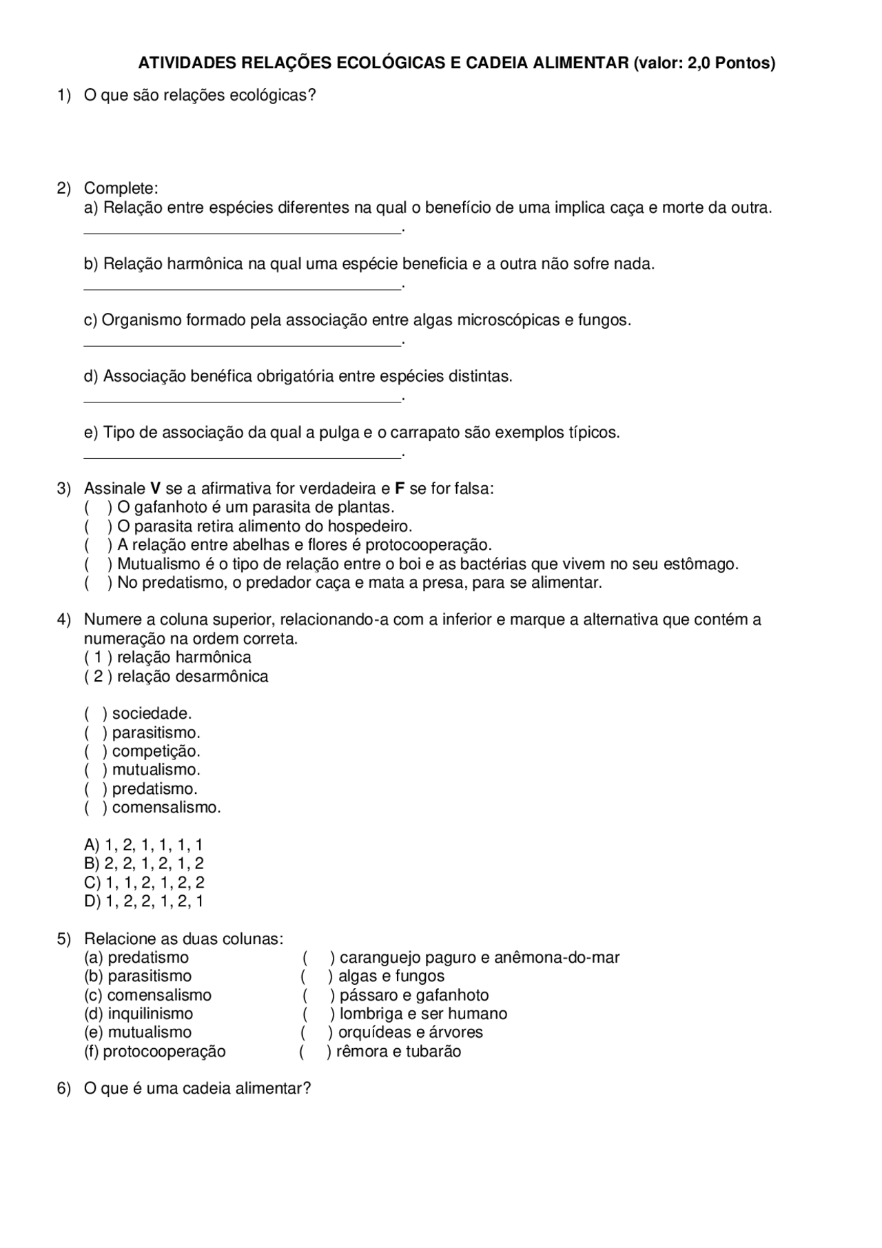 Exercícios Sobre Relações Ecológicas 7 Ano - RETOEDU