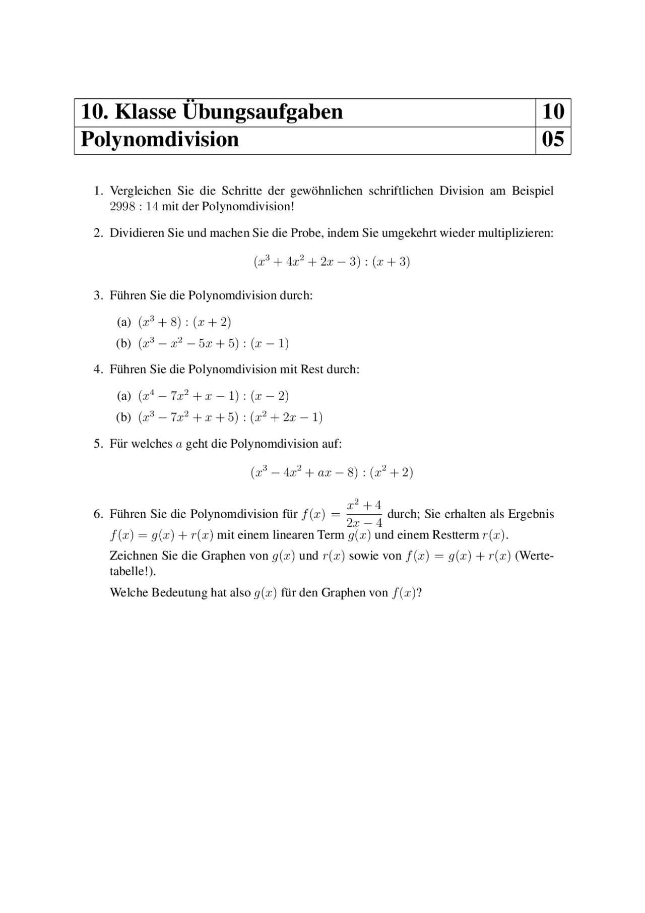 Polynomdivision Übungsaufgaben Polynomdivision | Übungen Mathematik | Docsity