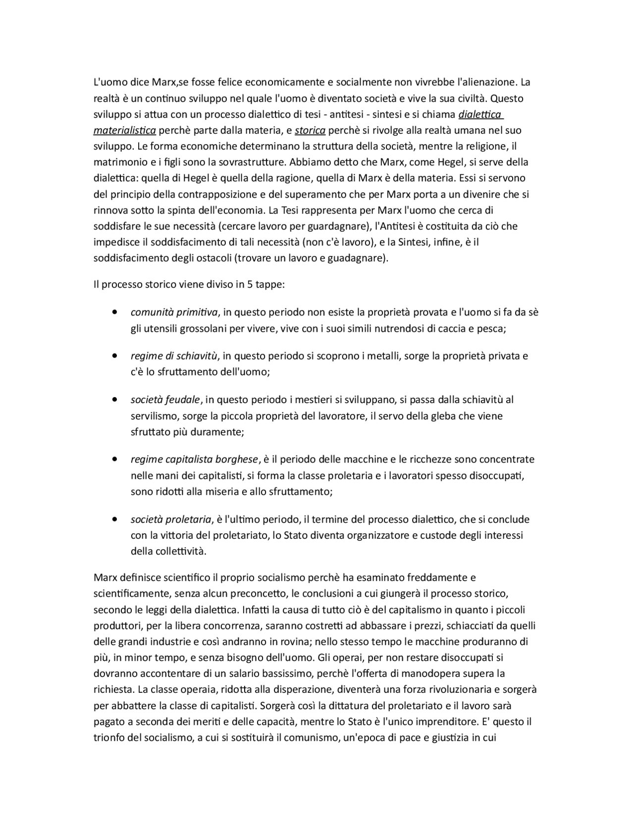 ALIENAZIONE SECONDO MARX (HEGEL) Sintesi del corso di Filosofia Docsity