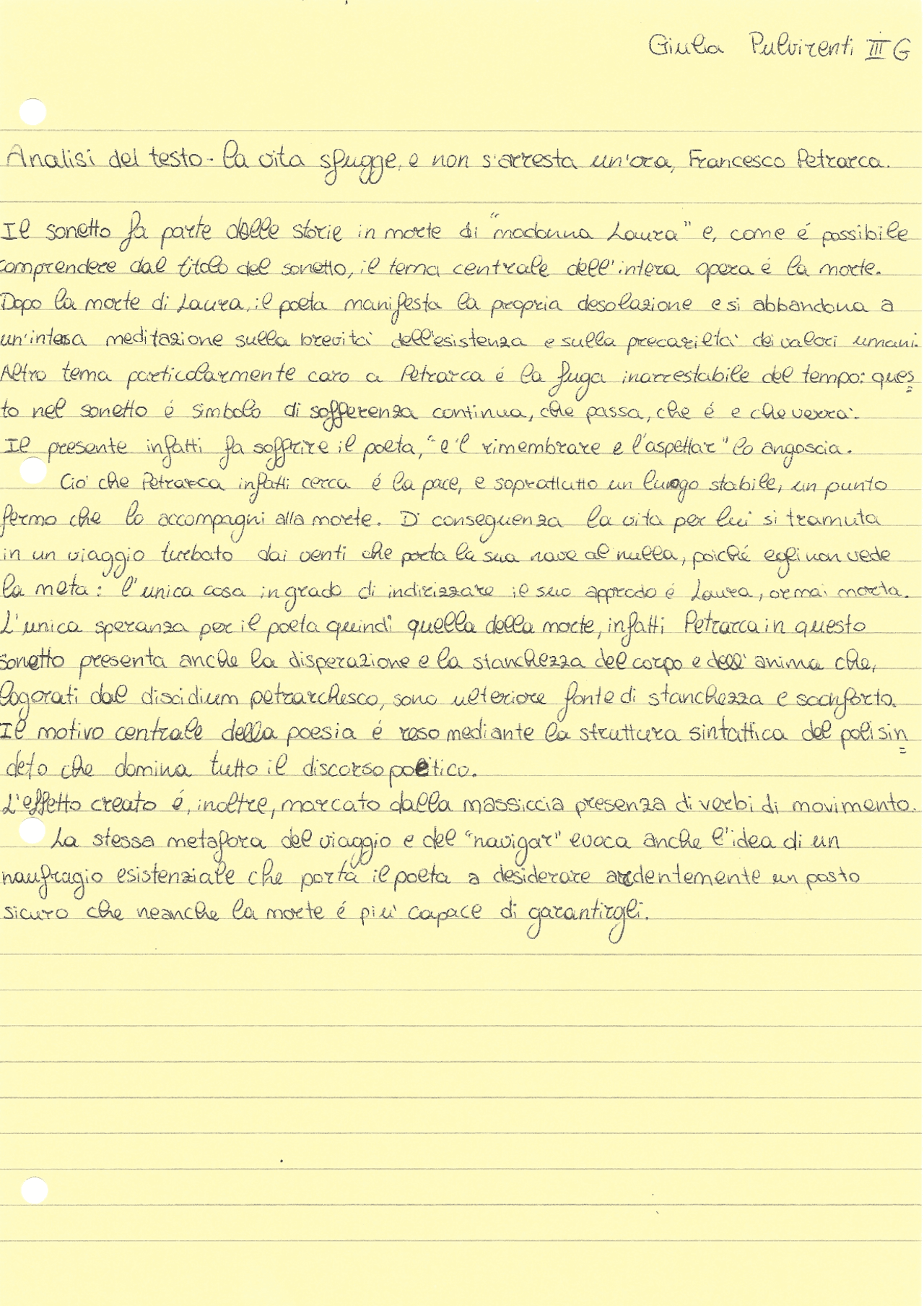 Analisi del testo La vita sfugge e non s'arresta un'ora, Petrarca Esercizi di Italiano Docsity