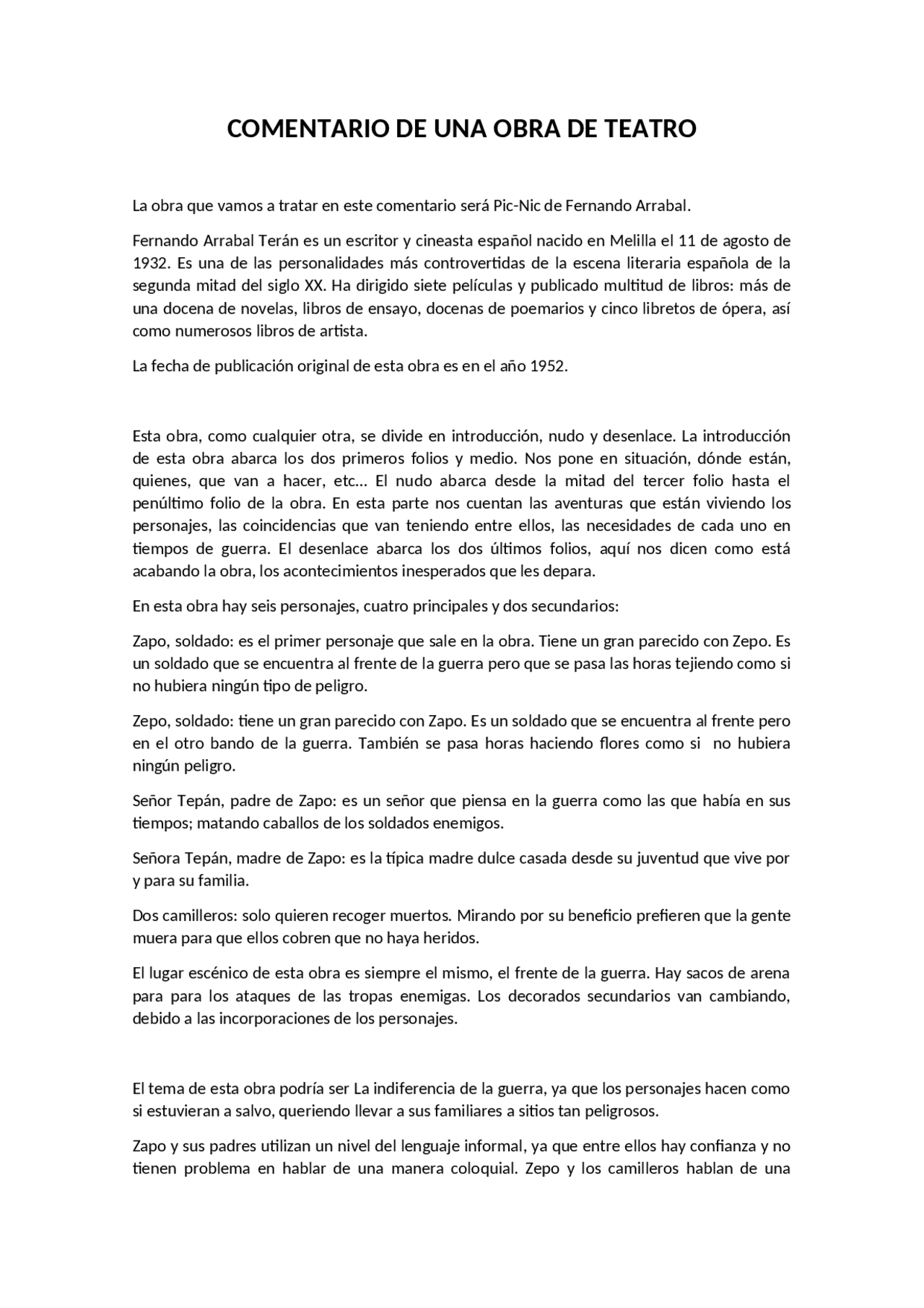 Comentario Pic Nic de Fernando Arrabal Apuntes de Lengua y Literatura